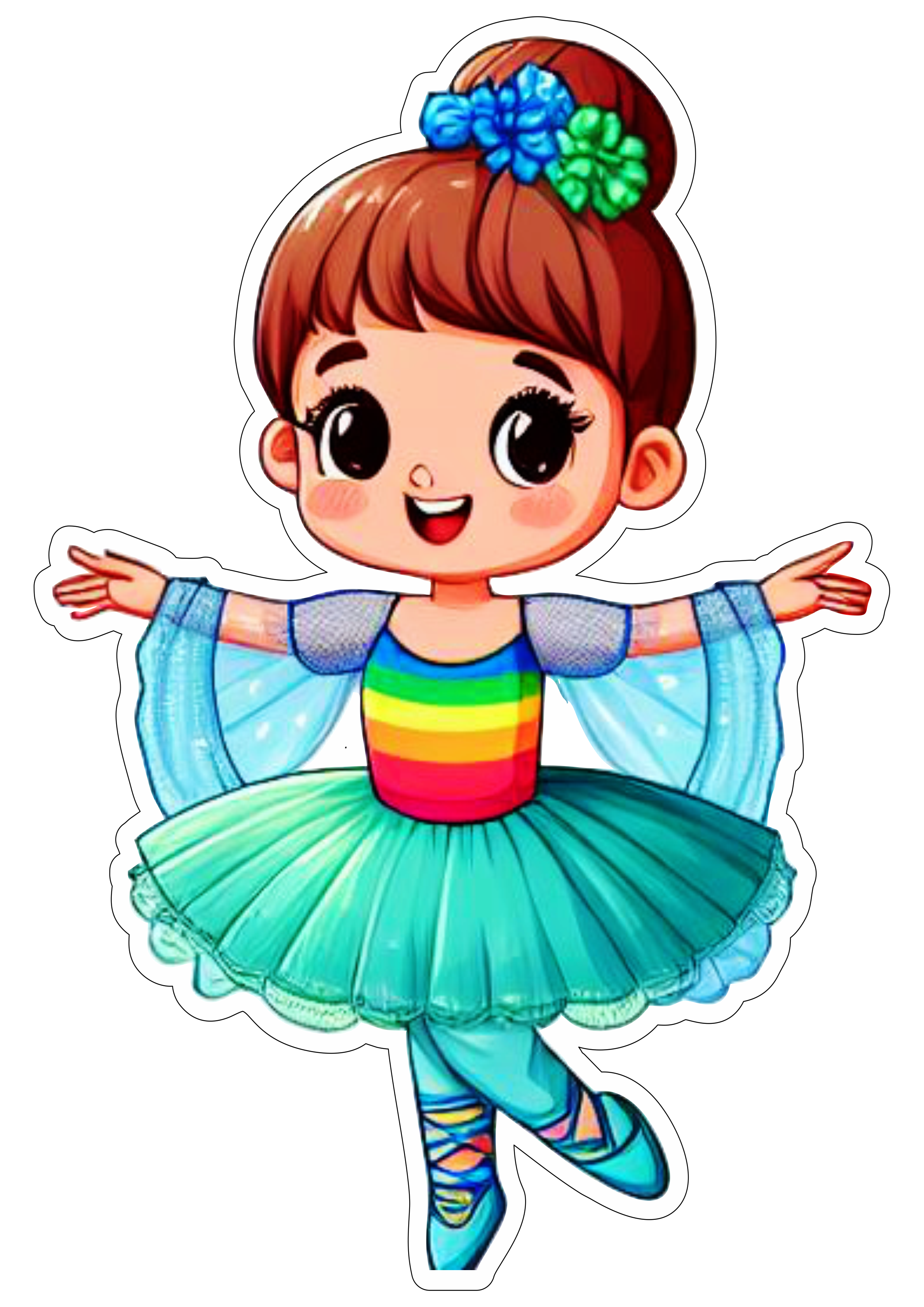 Bailarina colorida arco-íris vestido azul ilustração fundo transparente com contorno png