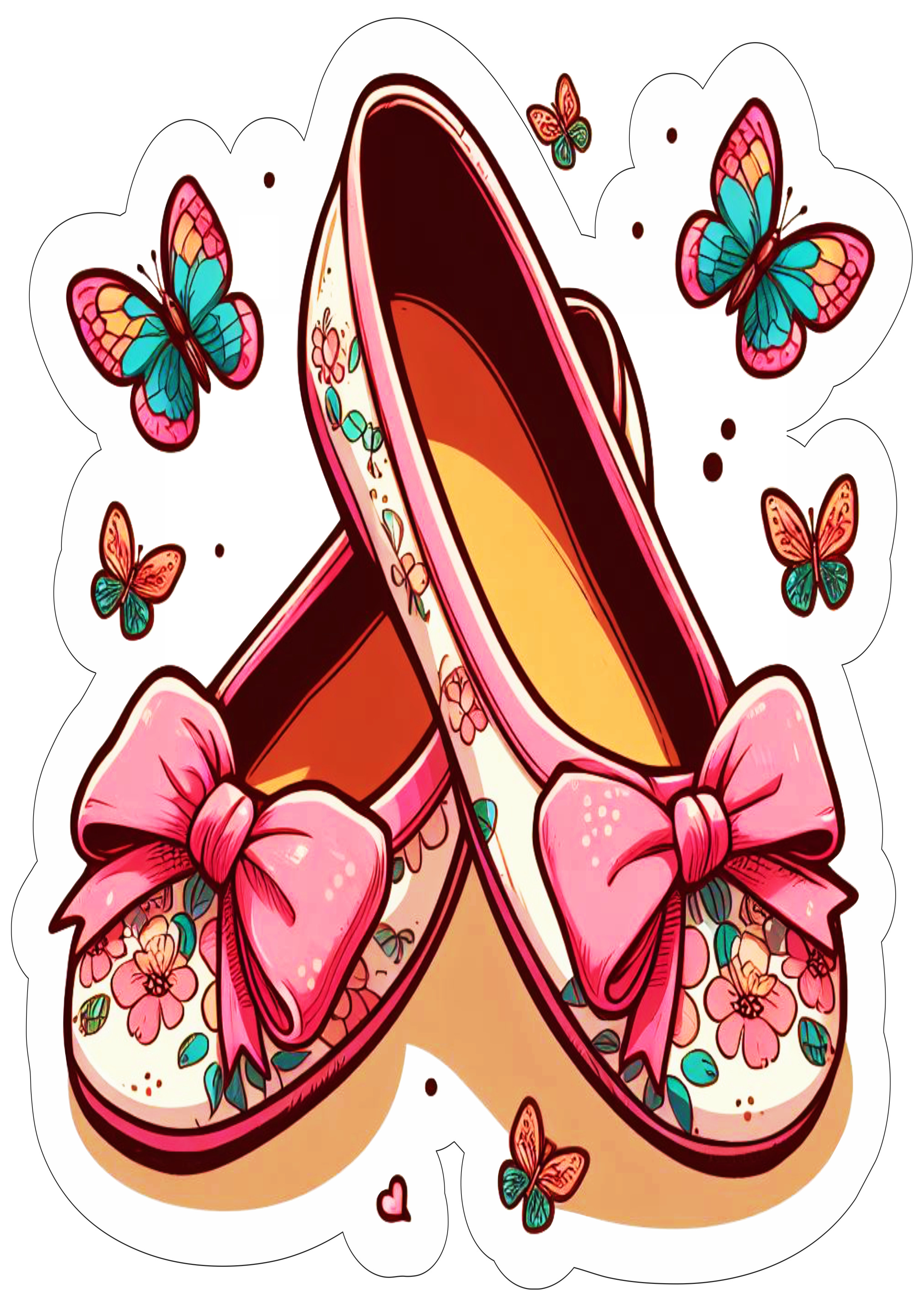 Sapatilha de bailarina rosa com lacinho e borboletas fundo transparente com contorno png