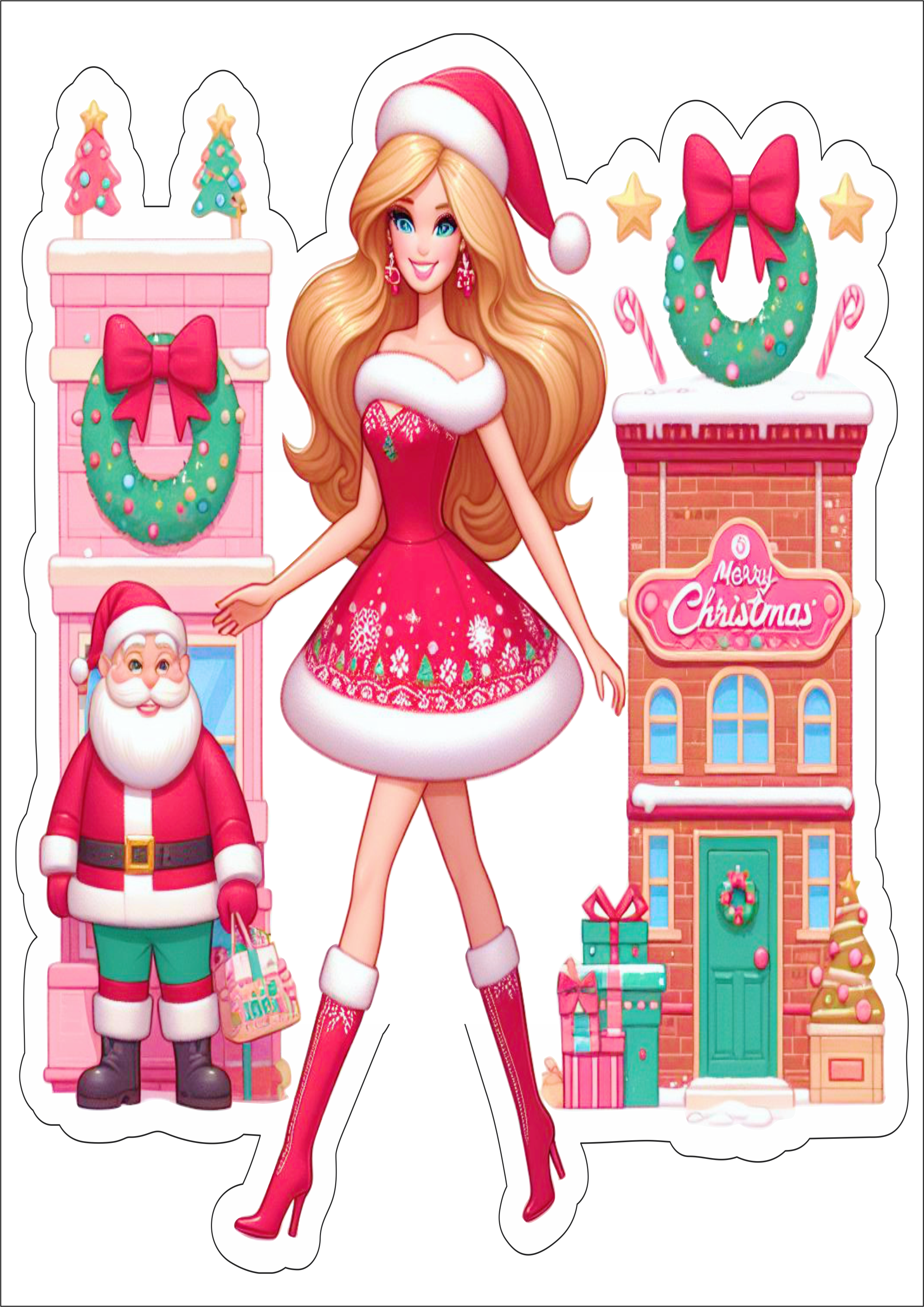 Feliz Natal Boneca Barbie png fundo transparente com contorno merry christmas