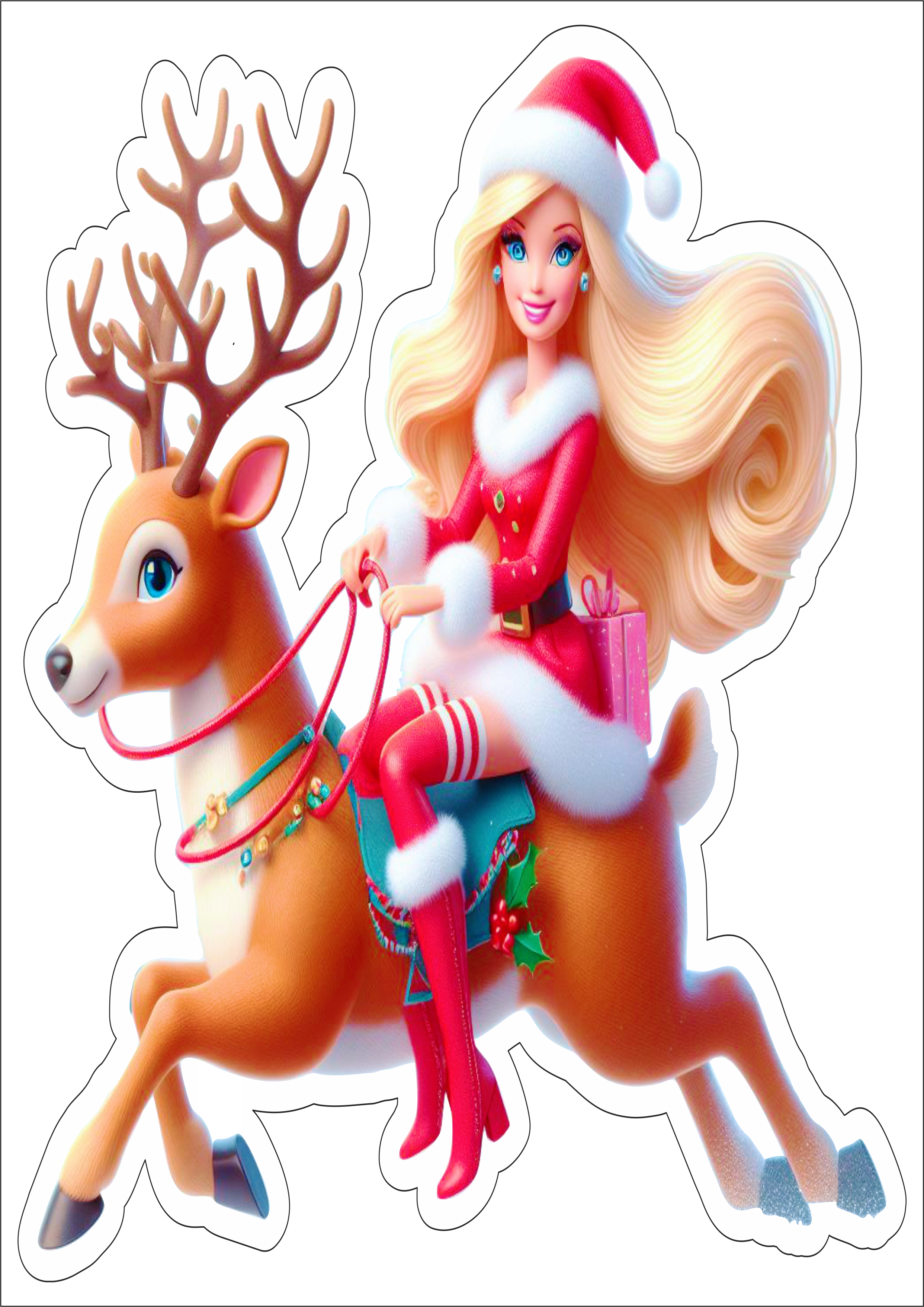 Feliz Natal Boneca Barbie montada em uma rena png ilustração gorro do papai noel cabelos longos