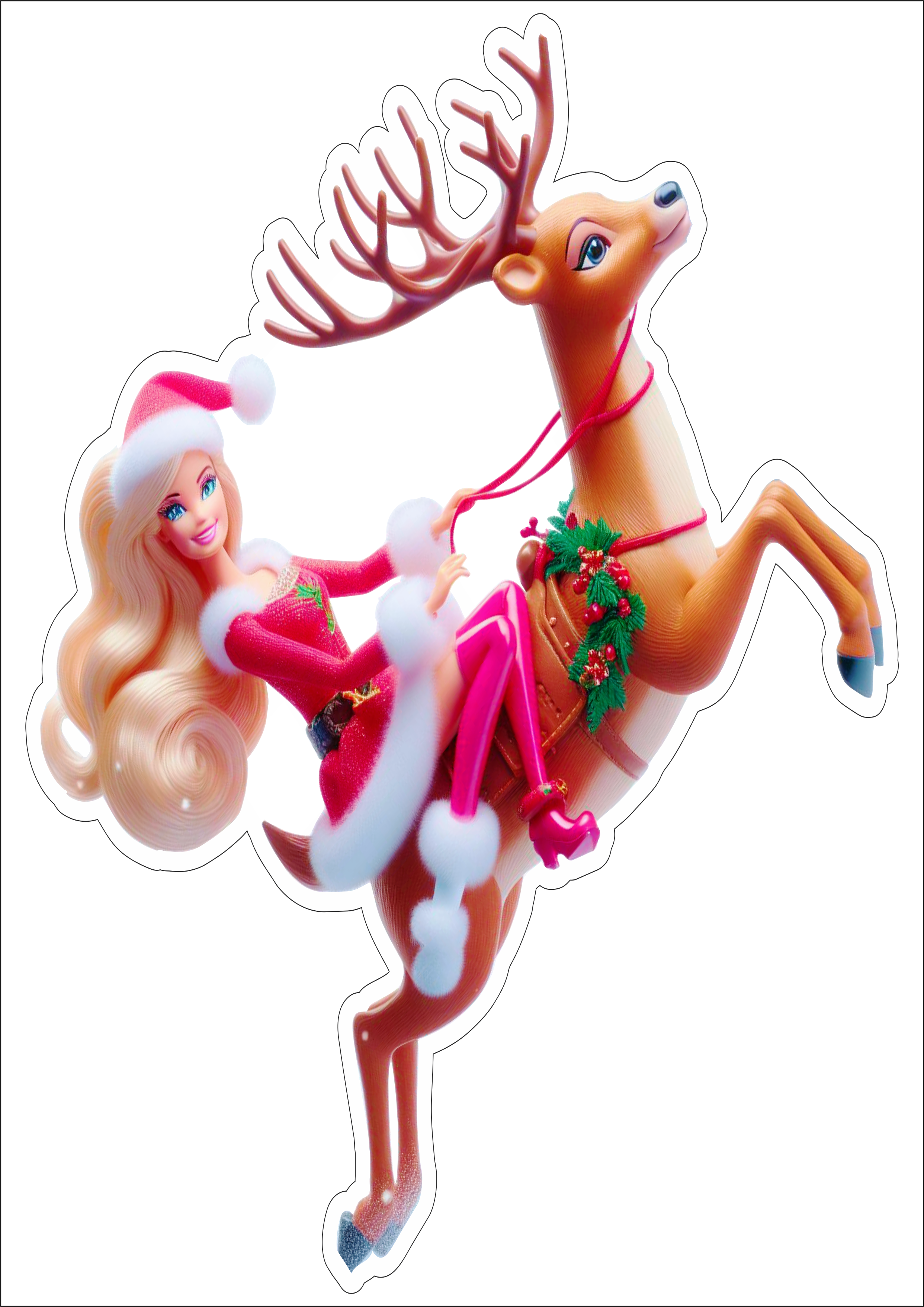 Feliz Natal Boneca Barbie montada em uma rena png ilustração cabelos longos com gorro