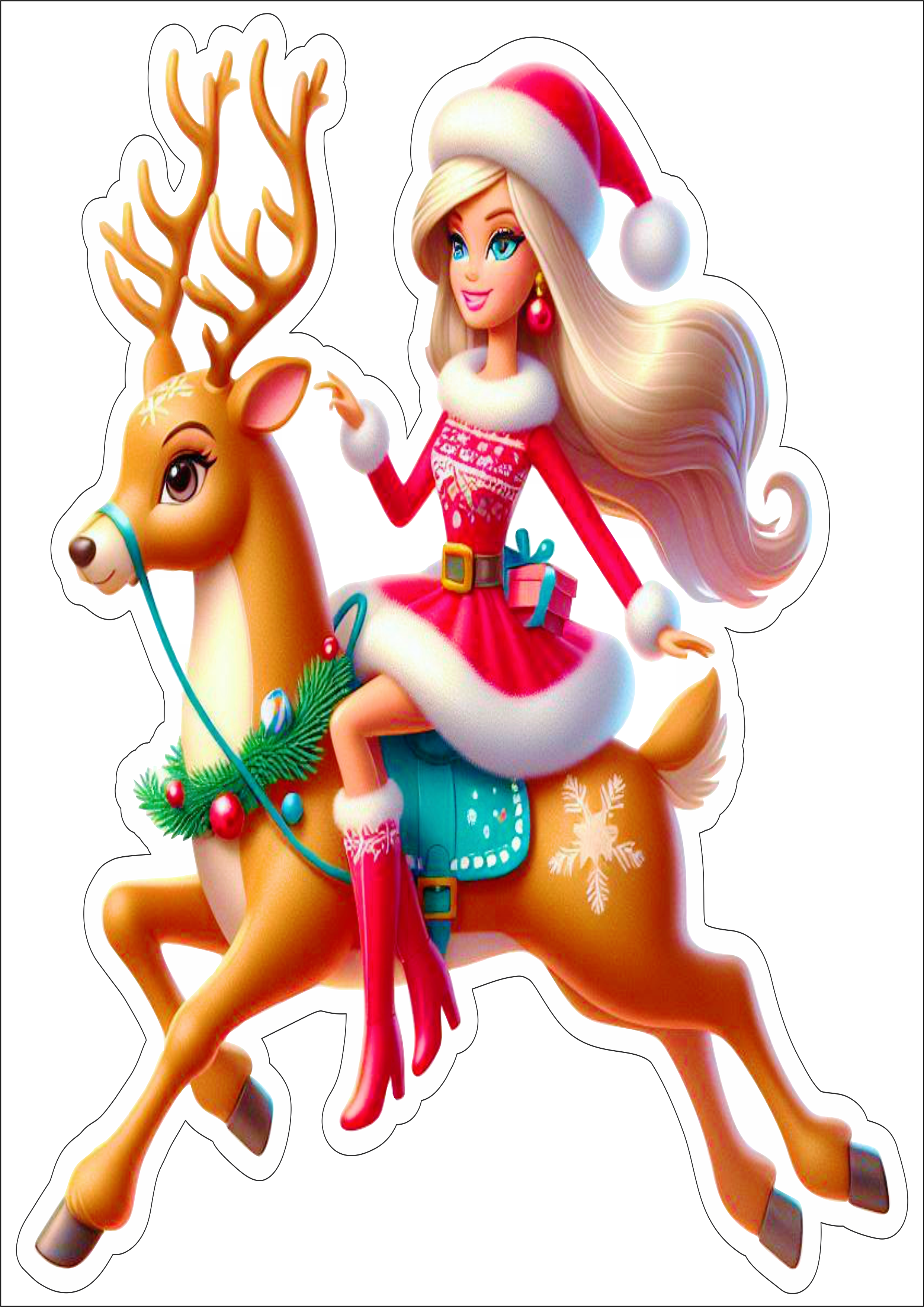 Feliz Natal Boneca Barbie montada em uma rena png ilustração cabelos longos com gorro vestido vermelho