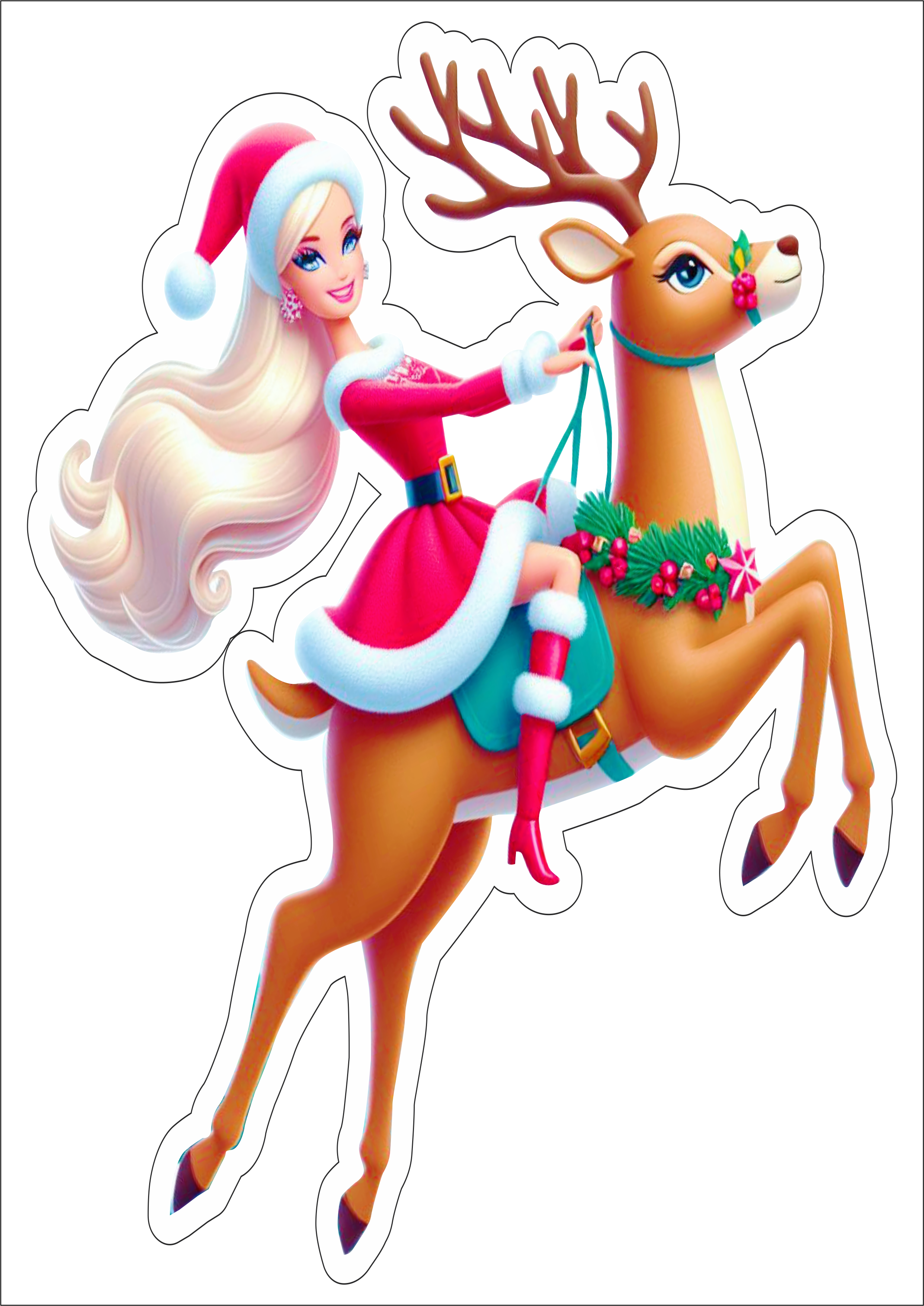 Feliz Natal Boneca Barbie montada em uma rena png ilustração cabelos longos com gorro vestido vermelho merry christmas
