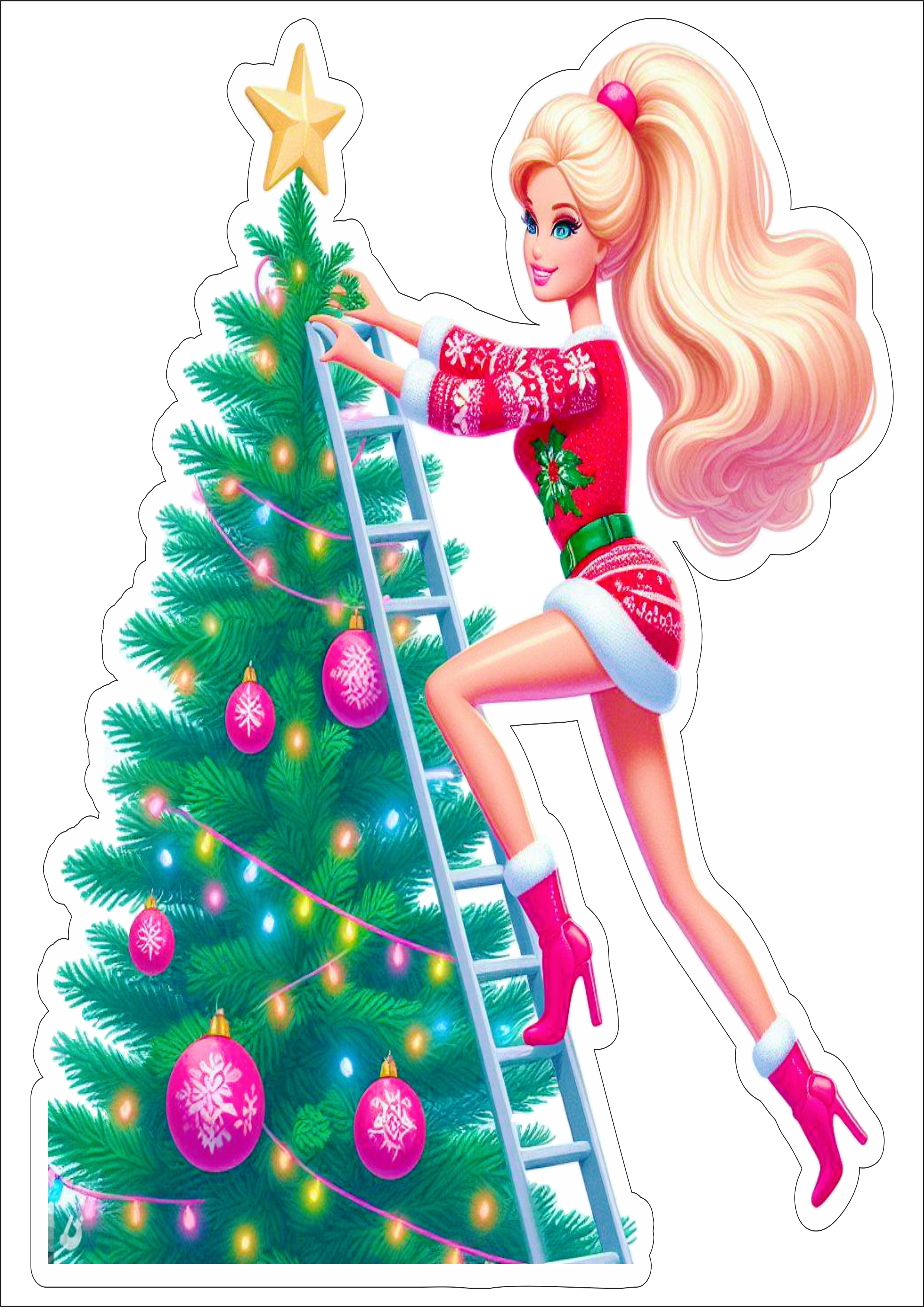 Boneca Barbie decorando árvore de natal png