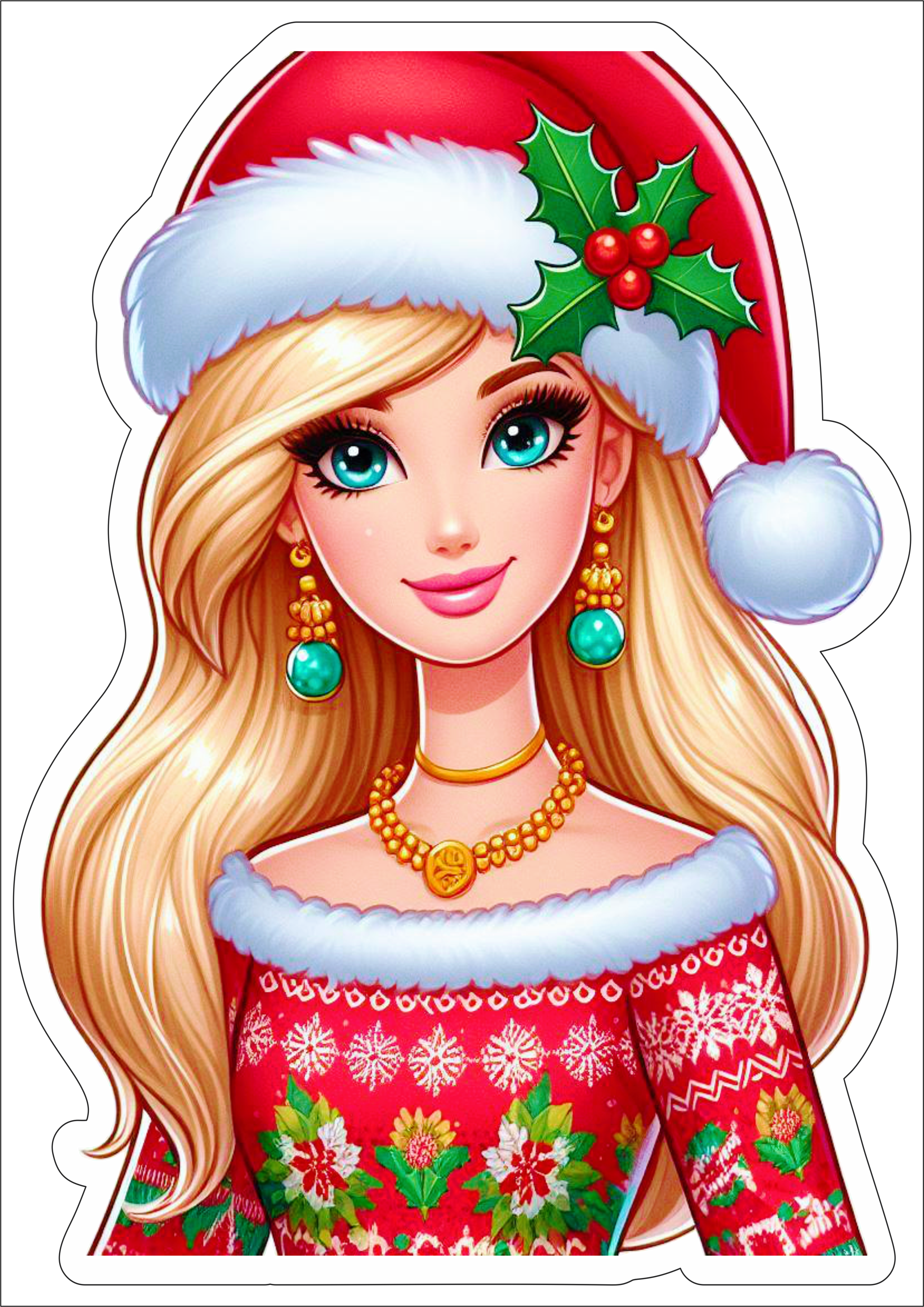 Barbie boneca com vestido vermelho de natal olhos verdes gorro de natal png