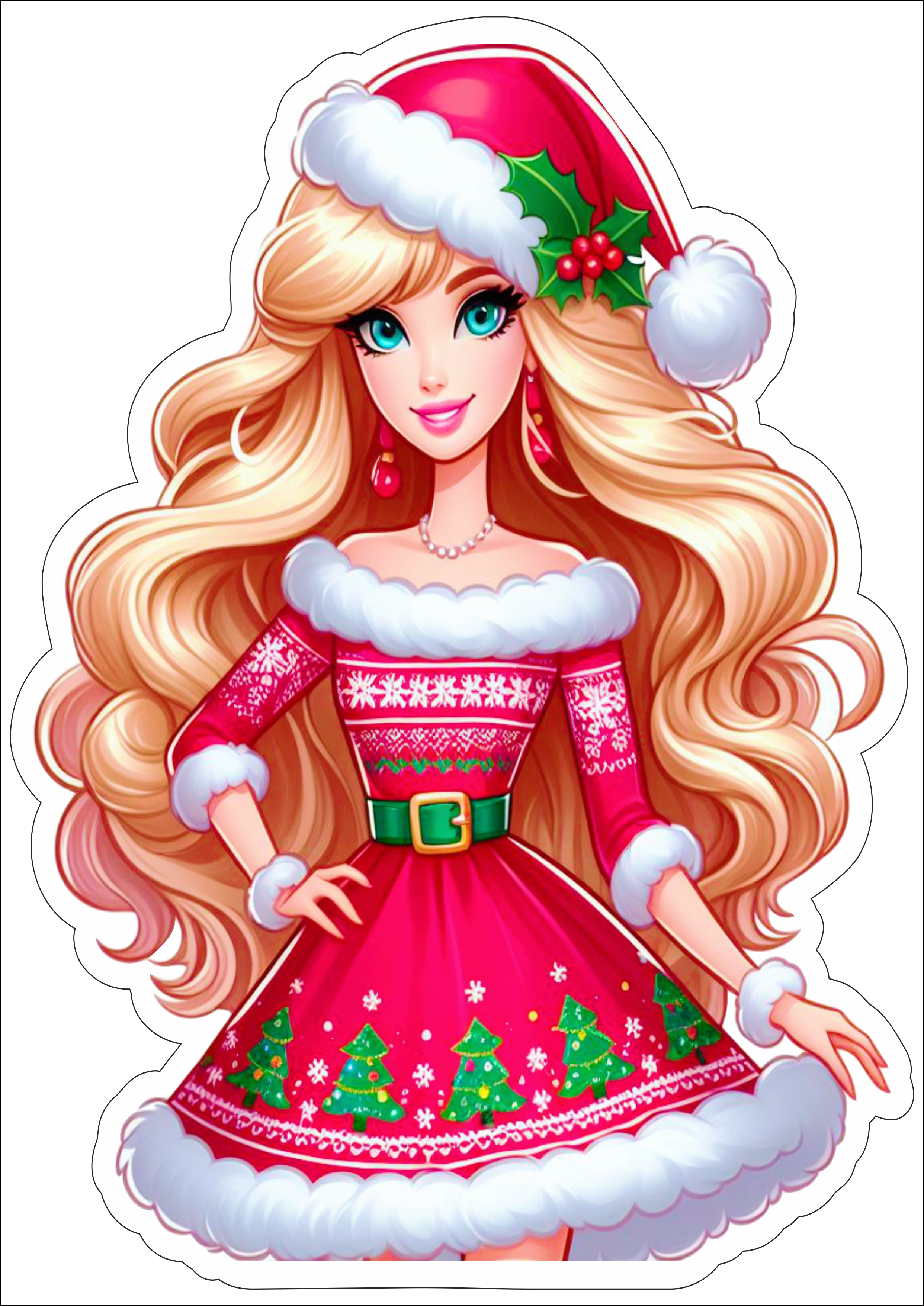 Barbie boneca com vestido vermelho de natal olhos verdes gorro de natal cabelos longos png
