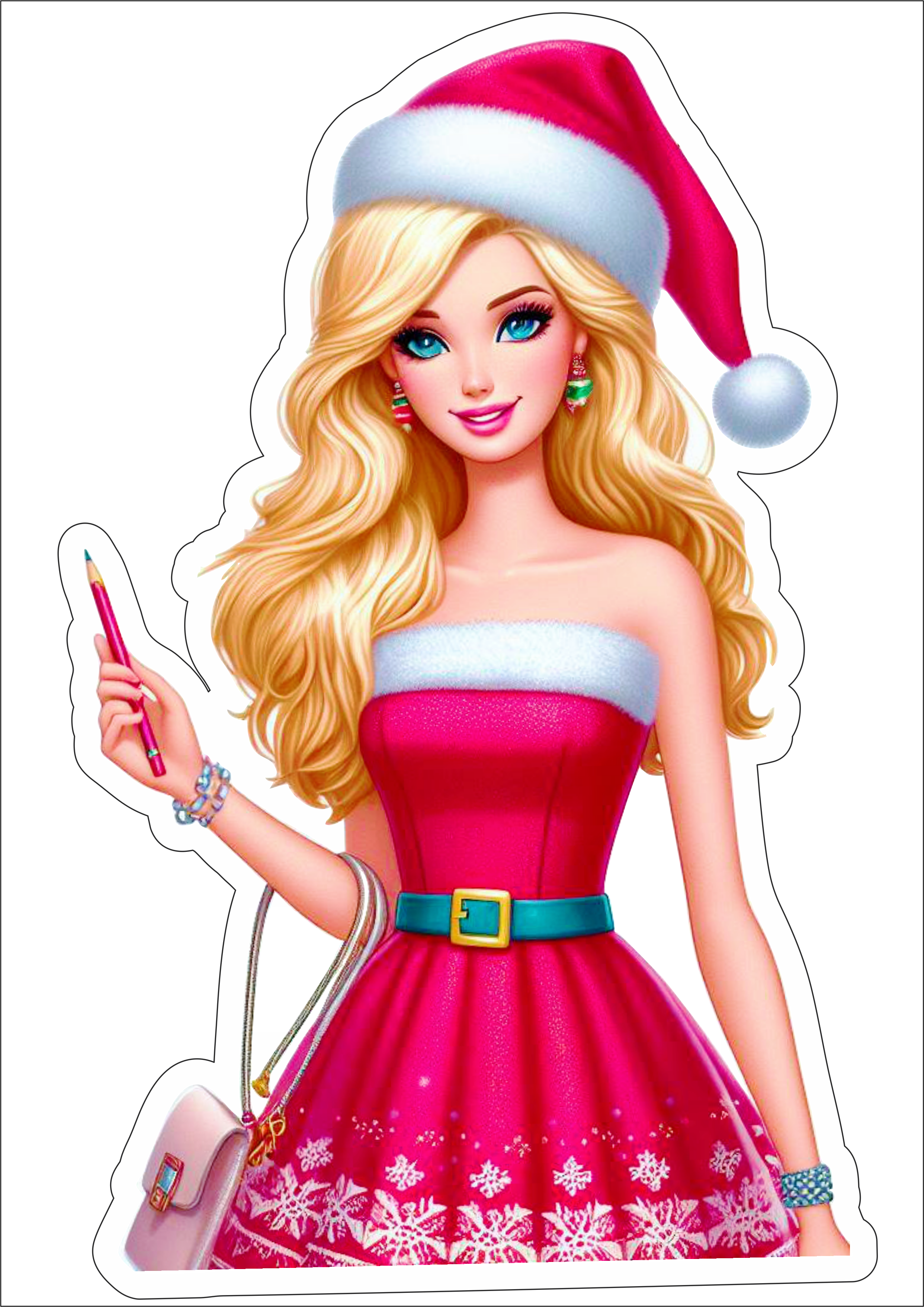 Barbie boneca com vestido vermelho de natal olhos verdes gorro de natal cabelos longos loira png