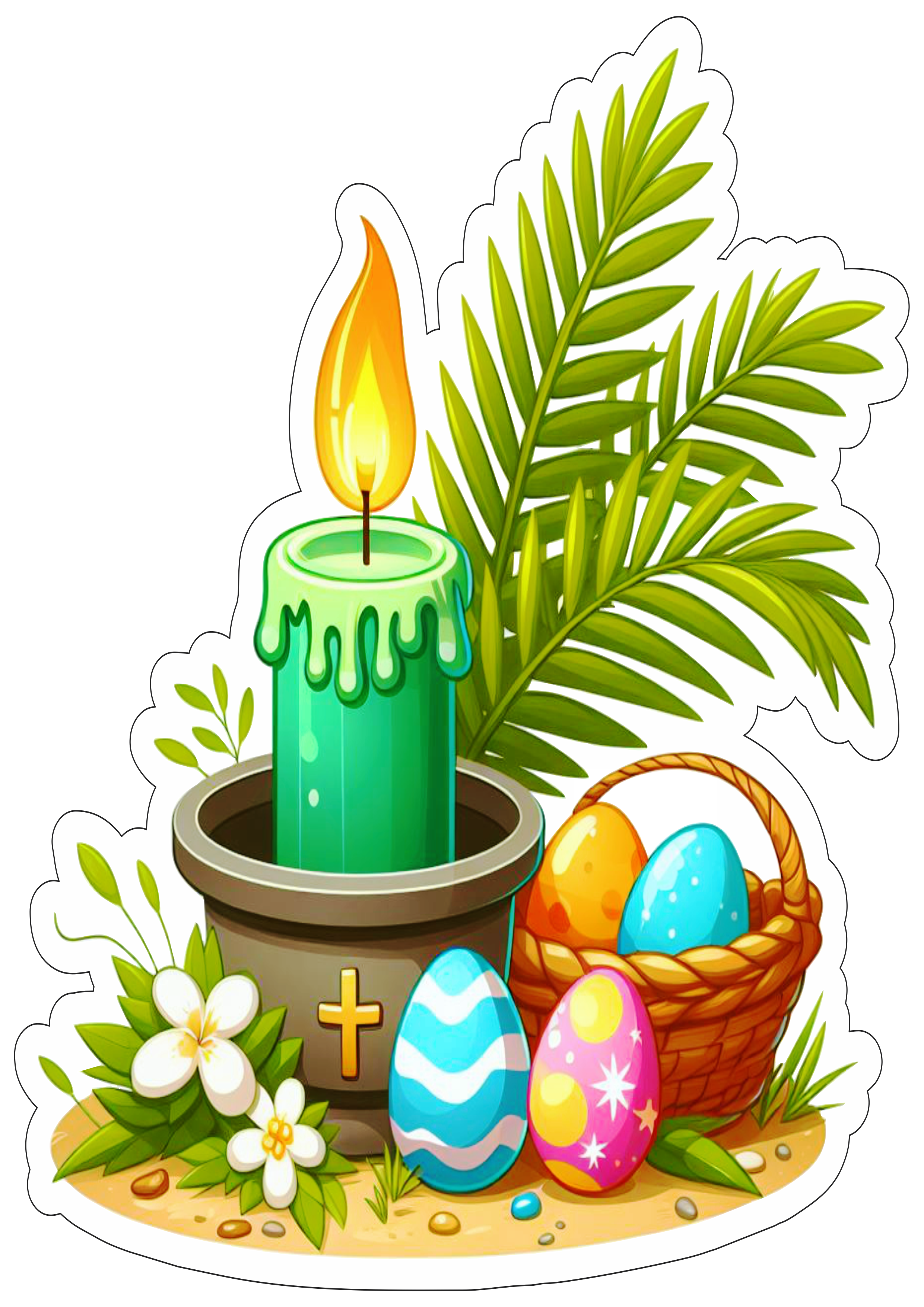 Símbolos da páscoa desenho vela colorida ramos fundo transparente com contorno artes gráficas ovos de chocolate png