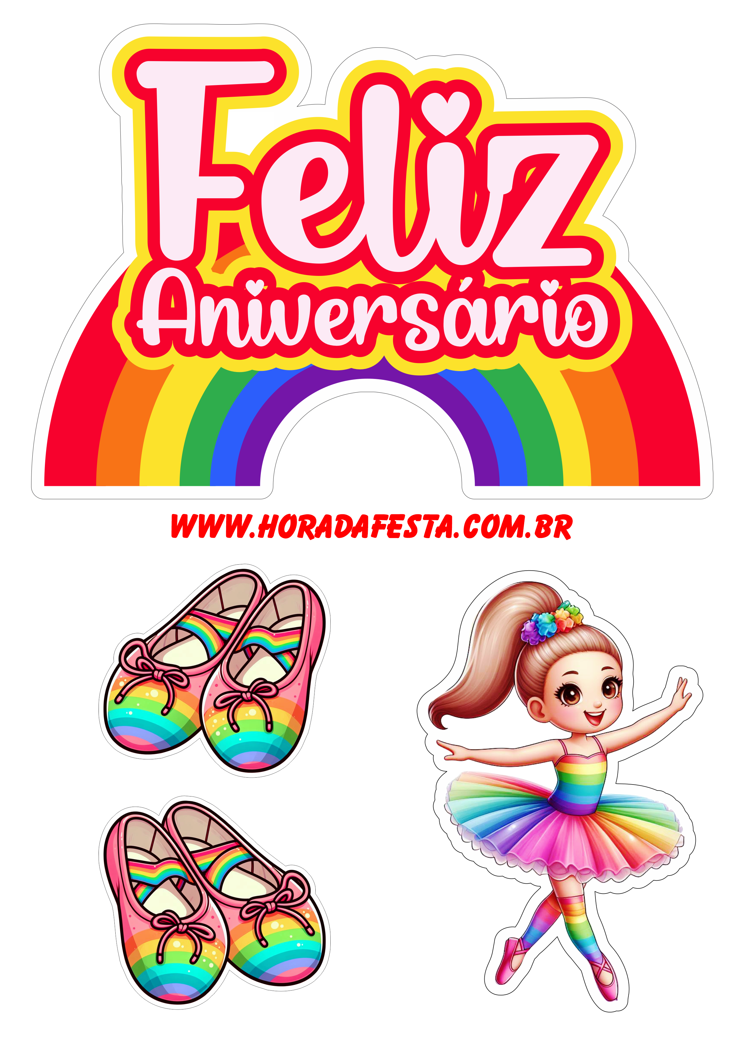 Topo de bolo bailarina colorida aniversário infantil arco-íris png