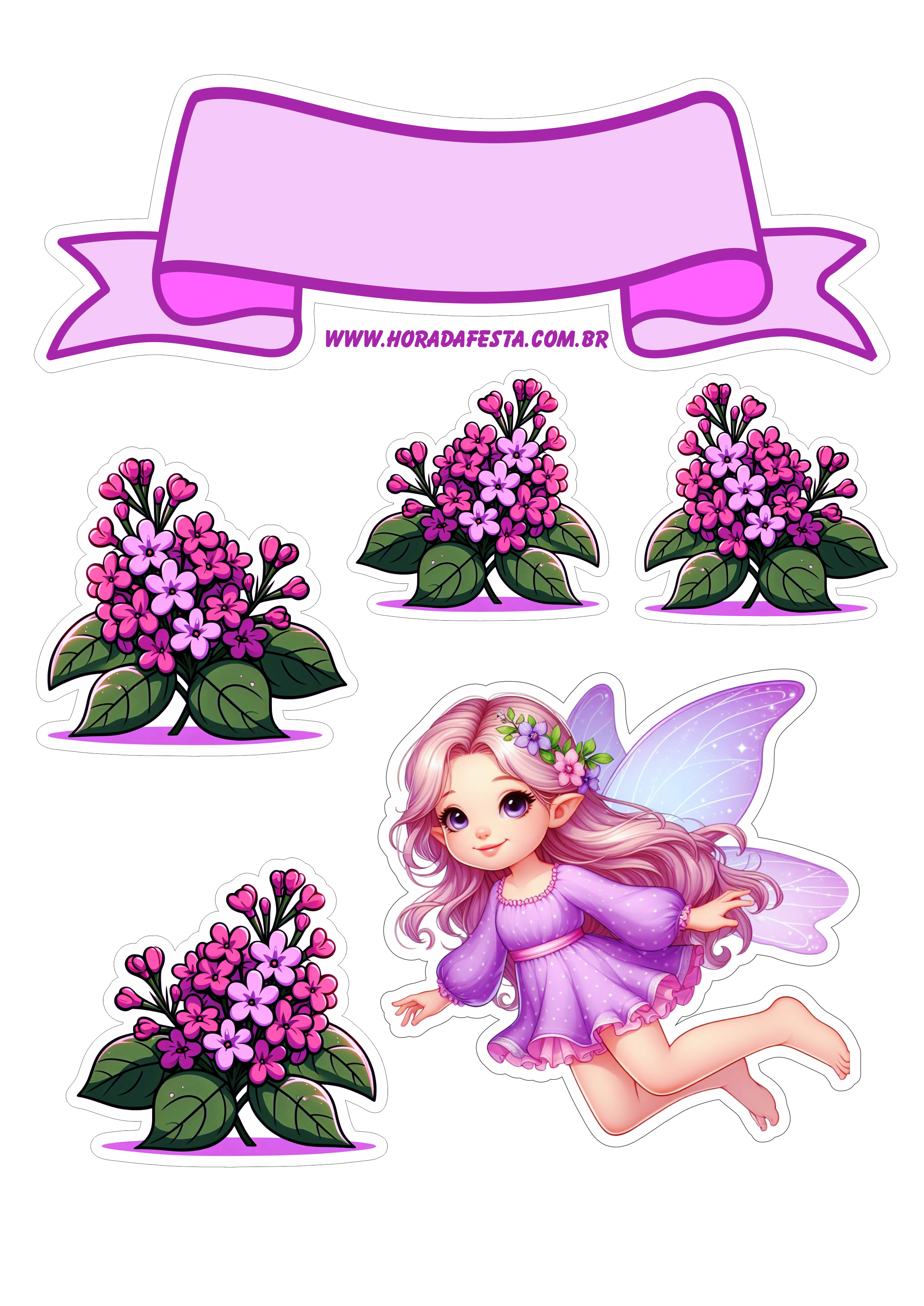 Fadinha lilás topo de bolo decoração para festa infantil com flores festa pronta asas de borboleta png