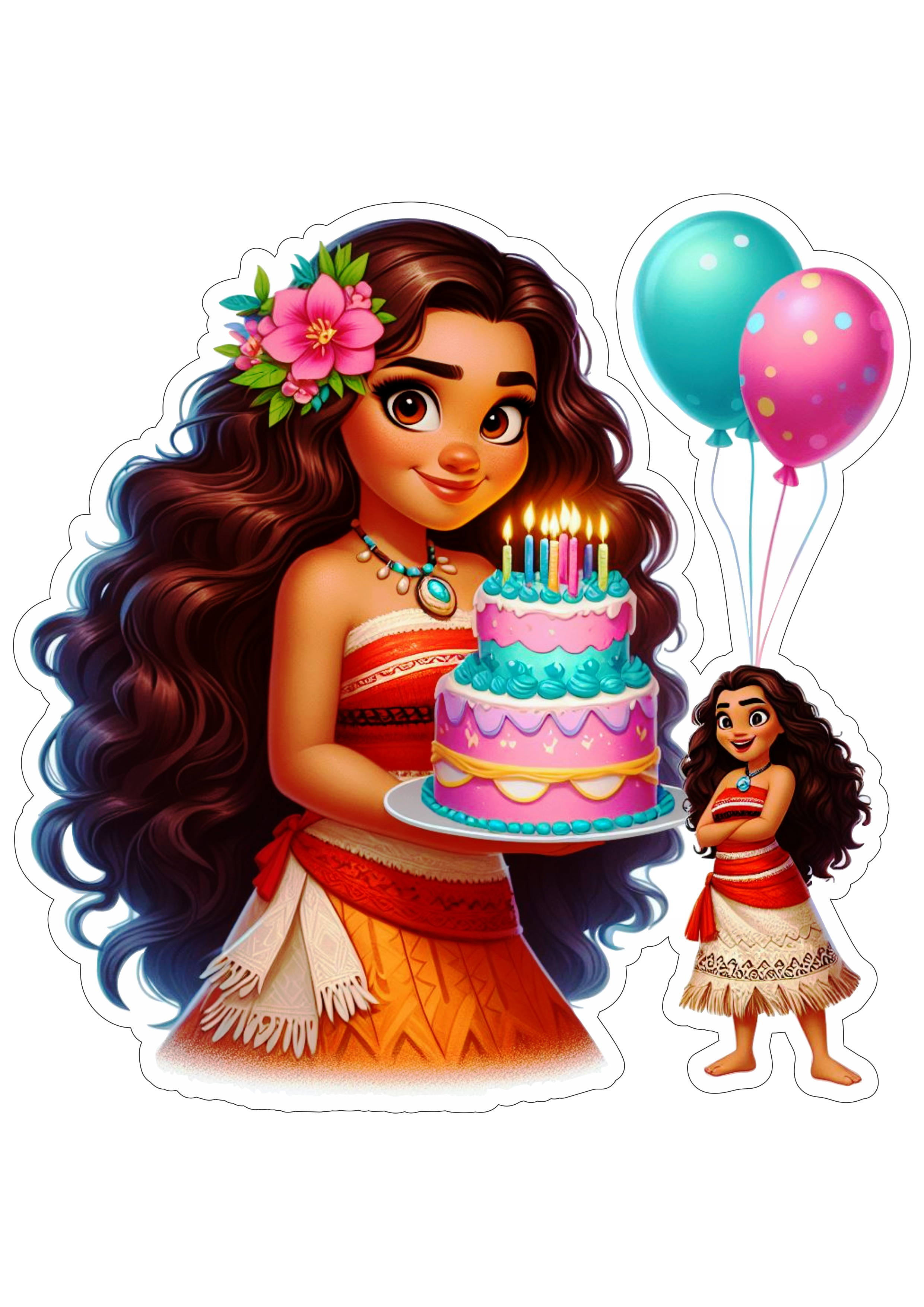 Moana segurando bolo balões animação Disney decoração de aniversário png