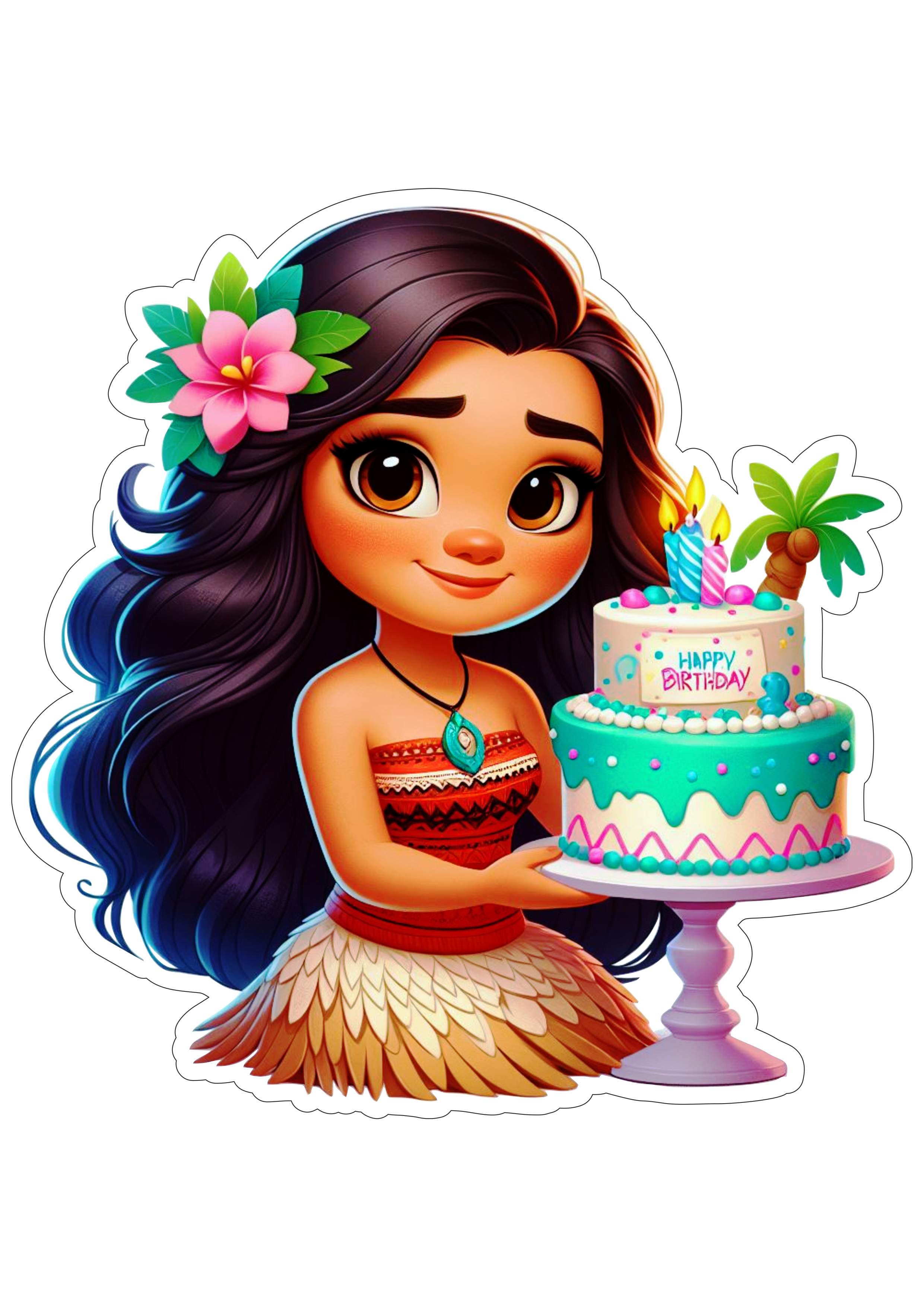 Moana segurando bolo animação Disney decoração de aniversário desenho png