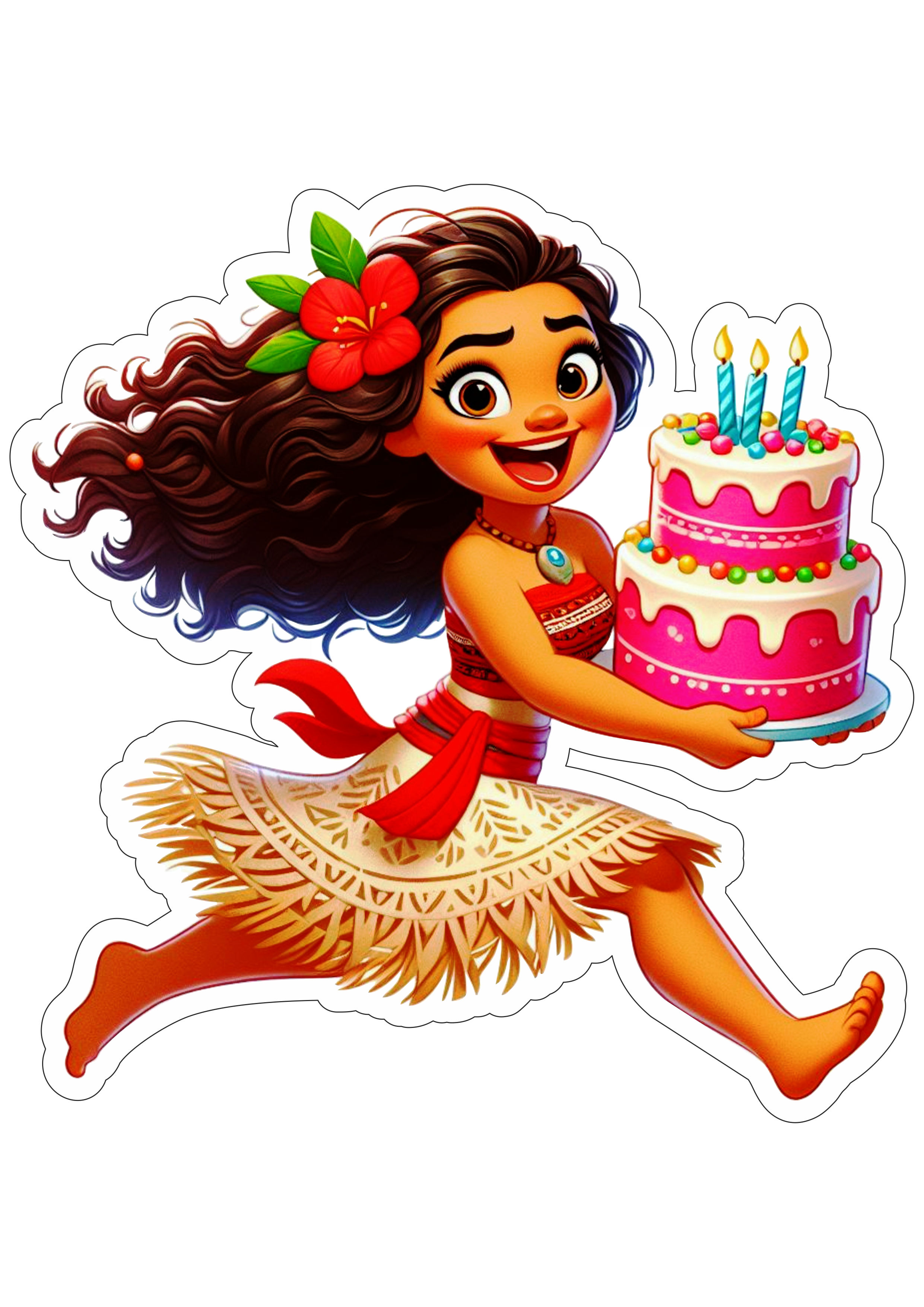 Moana correndo com bolo de aniversário animação Disney desenho fundo transparente ilustração png