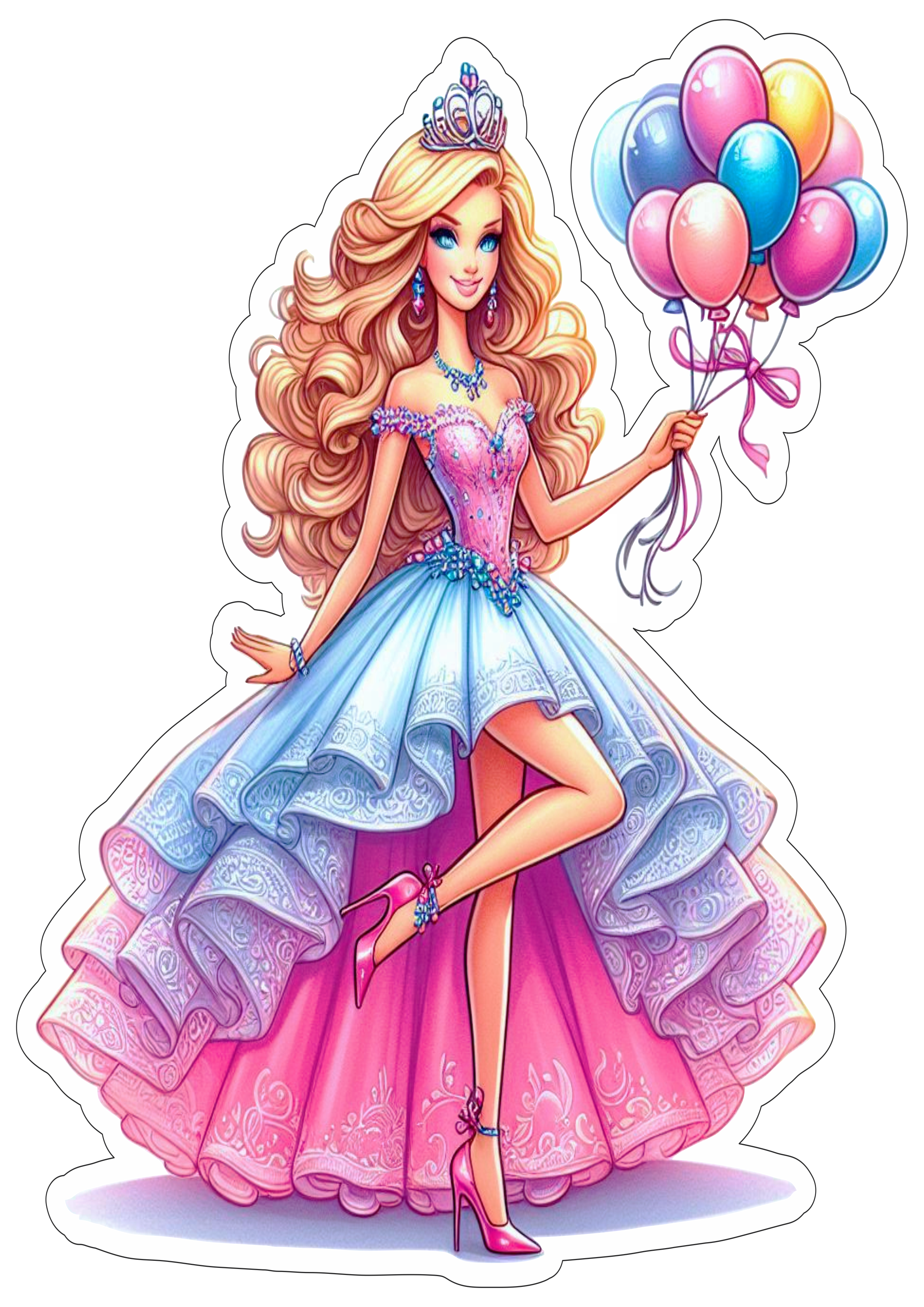 Barbie princesa aniversário infantil vestido rosa e branco com balões png