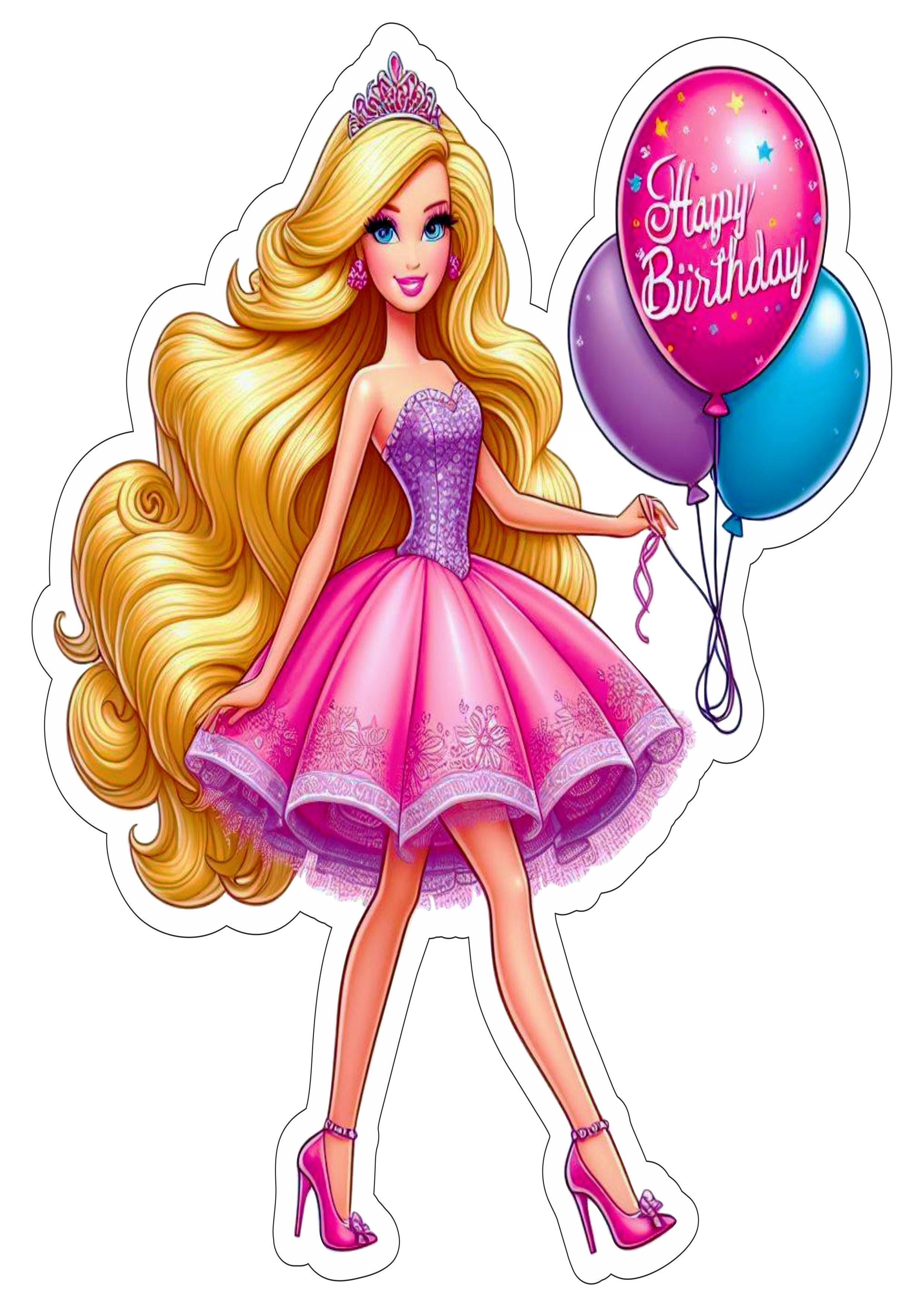 Barbie princesa aniversário infantil vestido rosa com balões happy birthday png