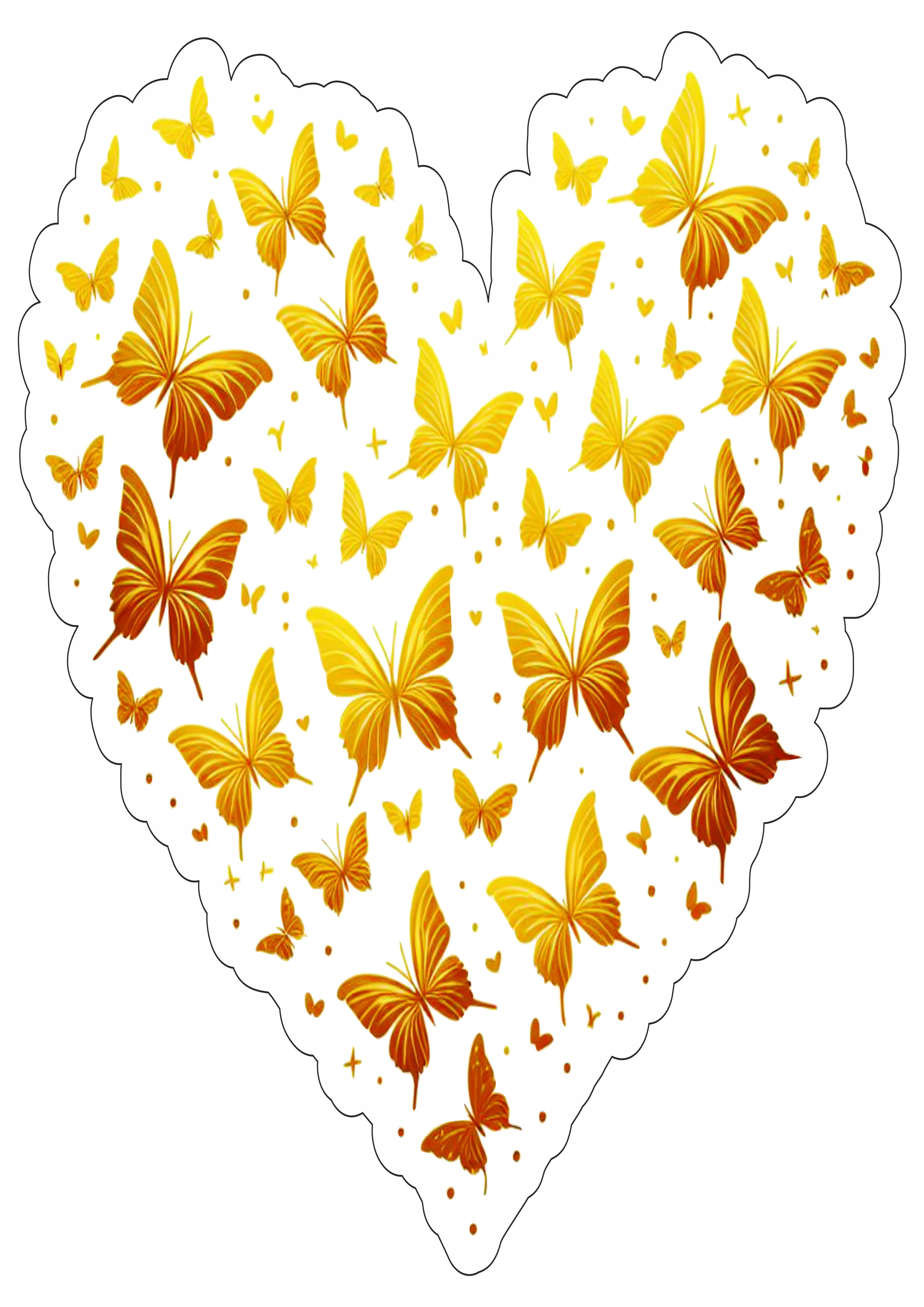 Borboletas douradas em formato de coração png fundo transparente com contorno png