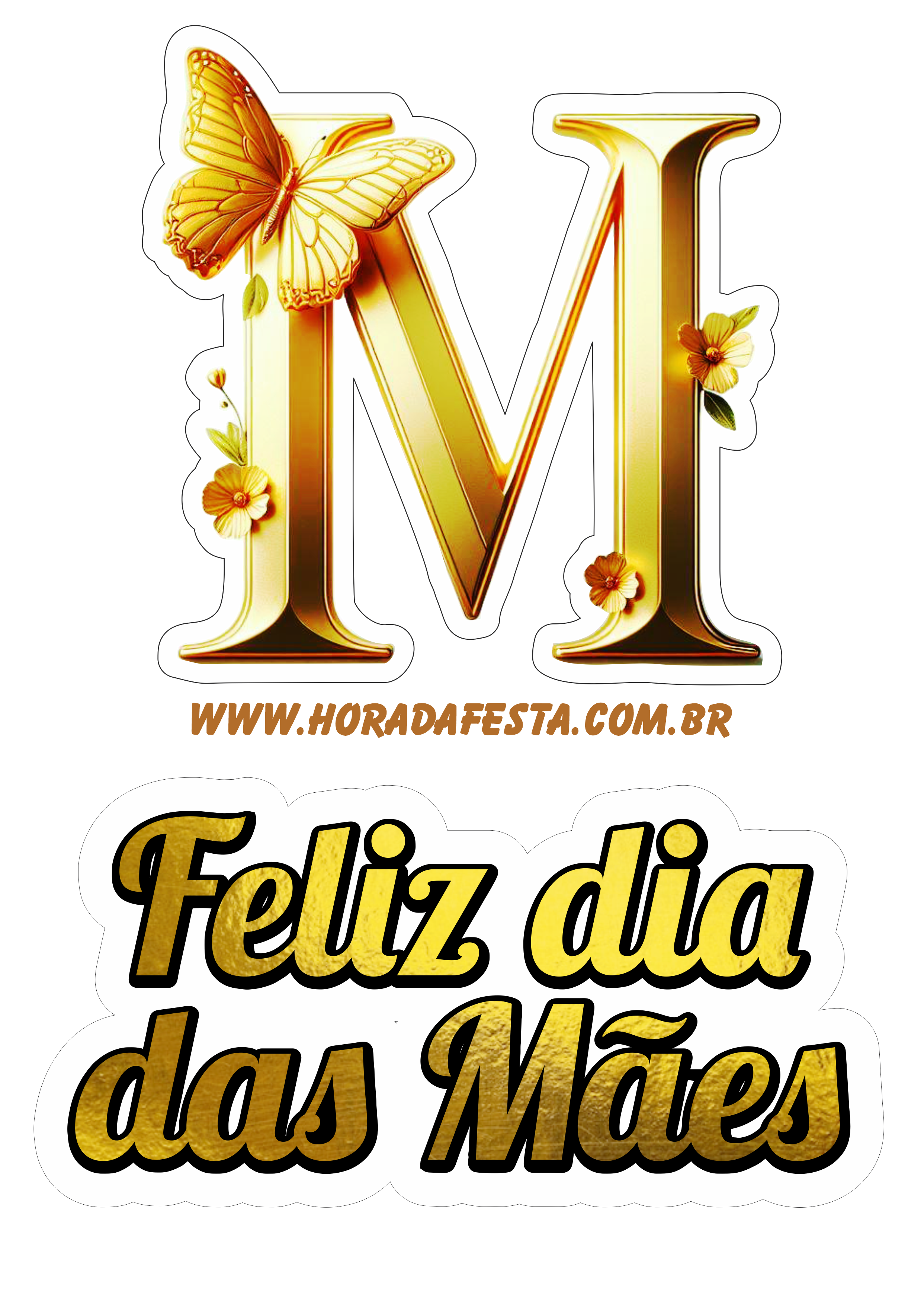 Feliz dia das mães letra M dourada com borboletas topo de bolo para imprimir decoração png