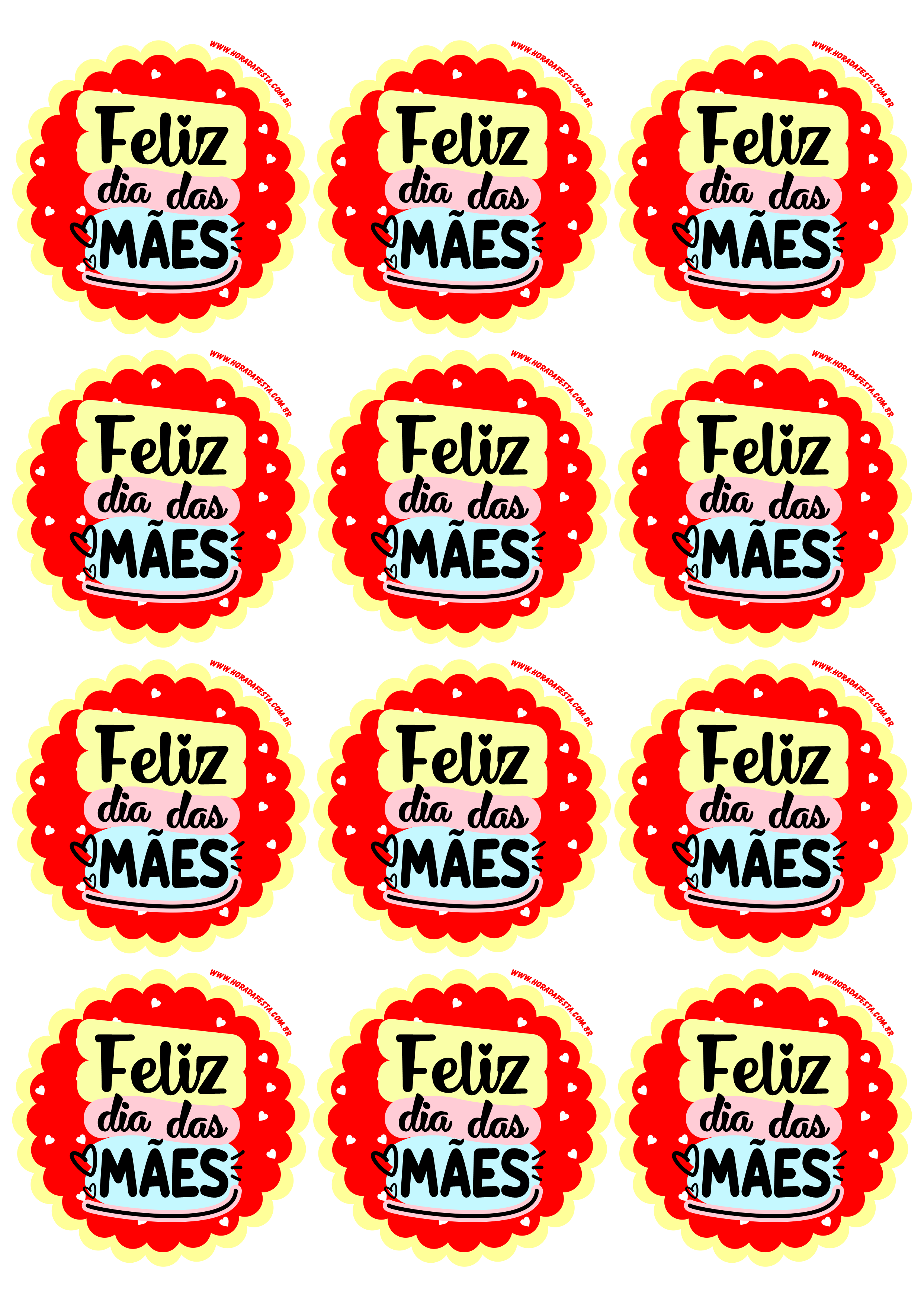 Feliz dia das mães adesivo redondo escalopado colorido tag sticker papelaria criativa vermelho 12 imagens png