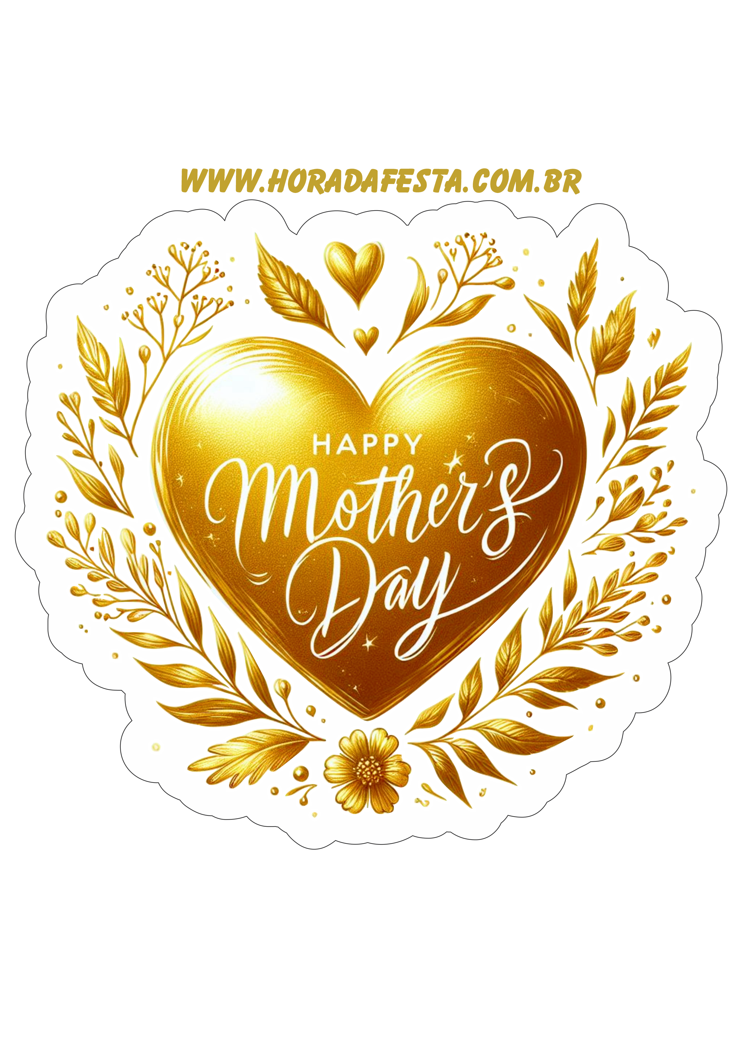 Dia das mães adesivo de coração dourado para decoração happy mother’s day artes gráficas png