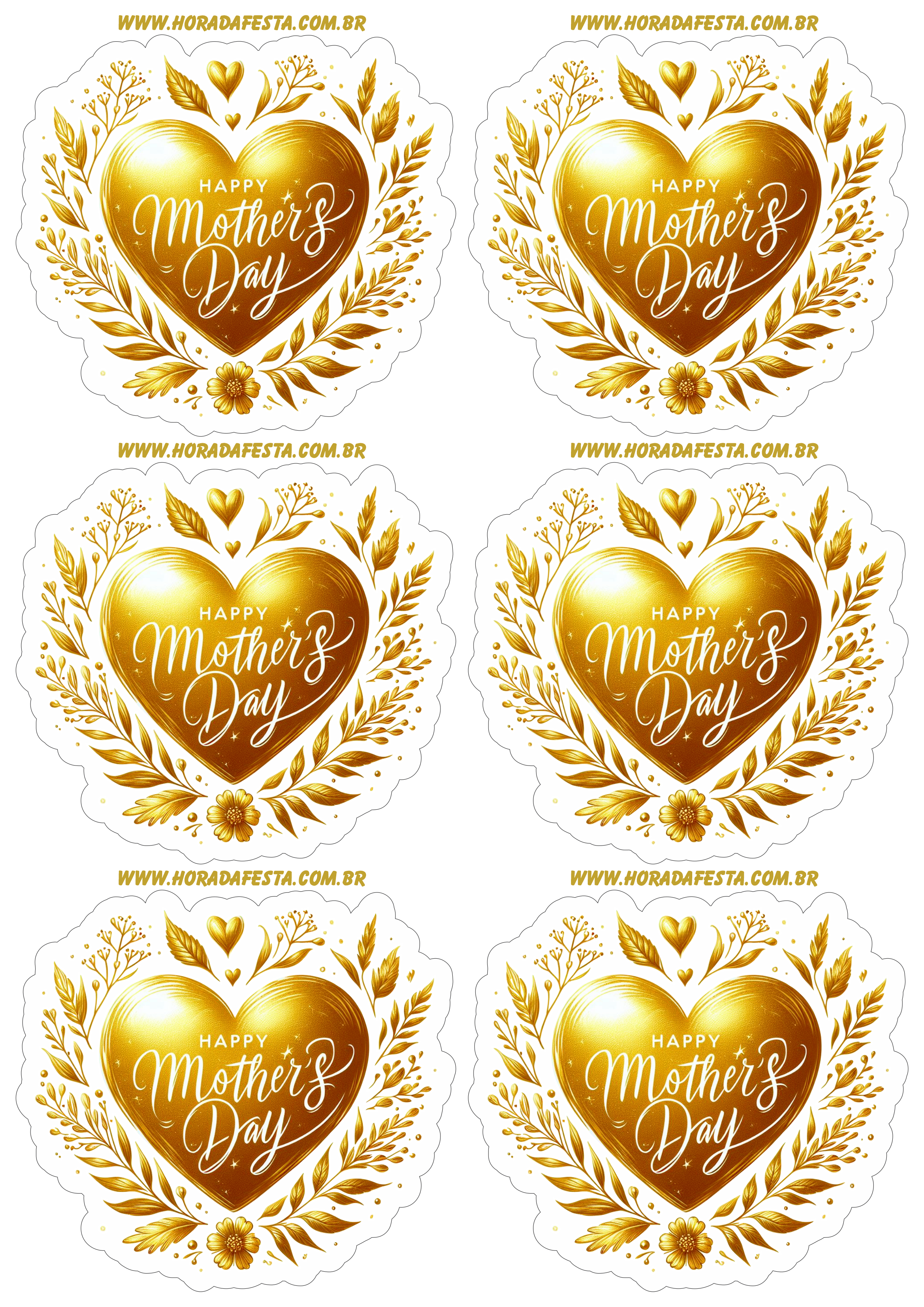 Dia das mães adesivo de coração dourado para decoração happy mother’s day artes gráficas 6 imagens png