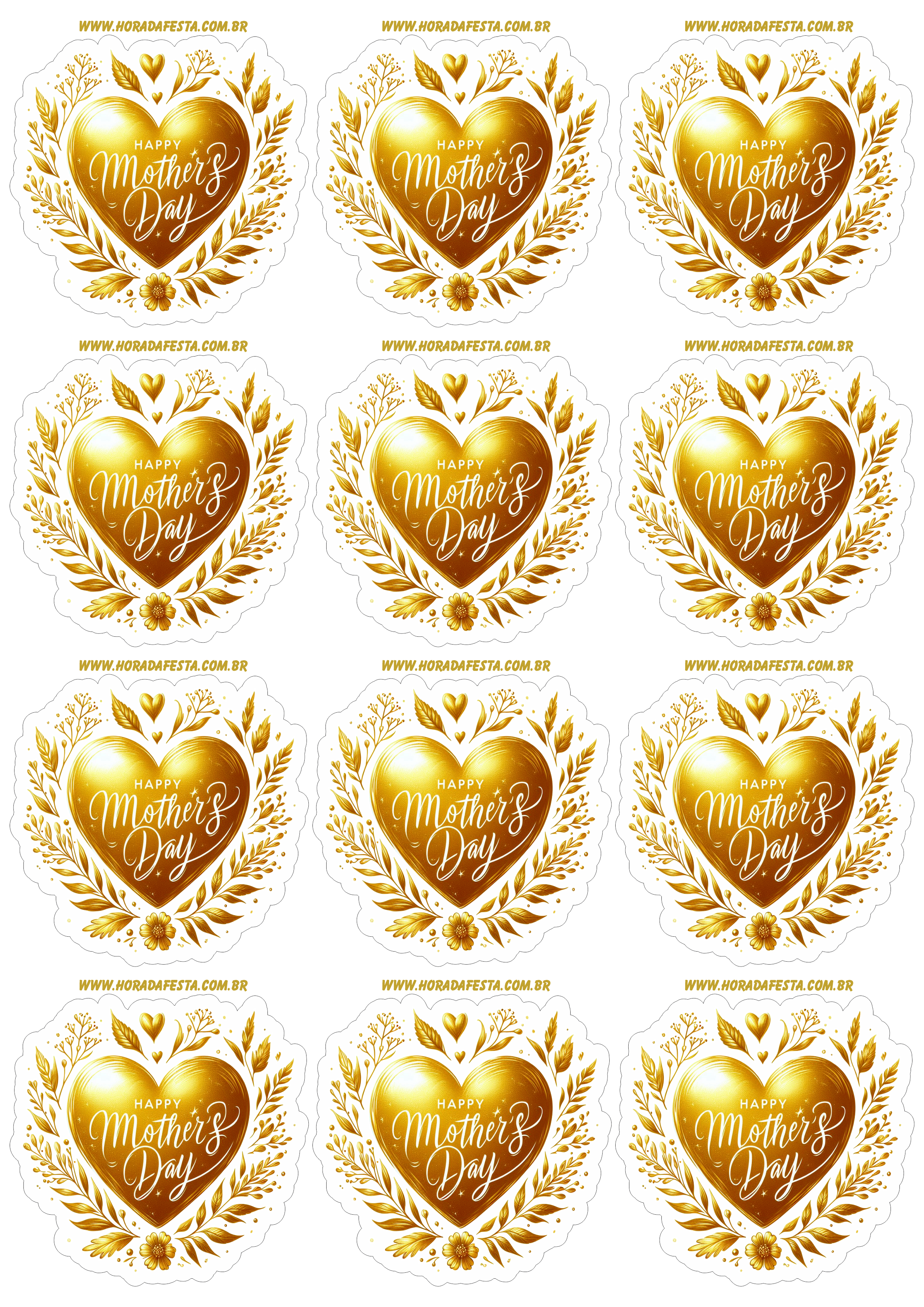 Dia das mães adesivo de coração dourado para decoração happy mother’s day artes gráficas 12 imagens png