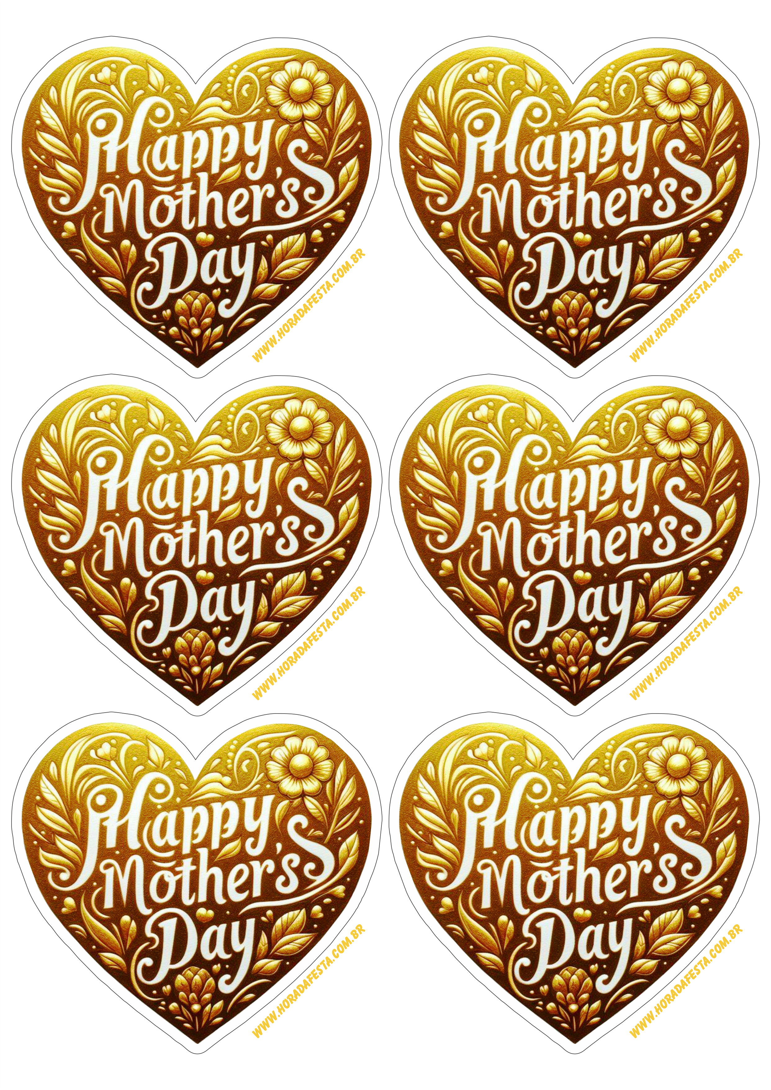 Dia das mães adesivo de coração dourado para decoração 6 imagens png