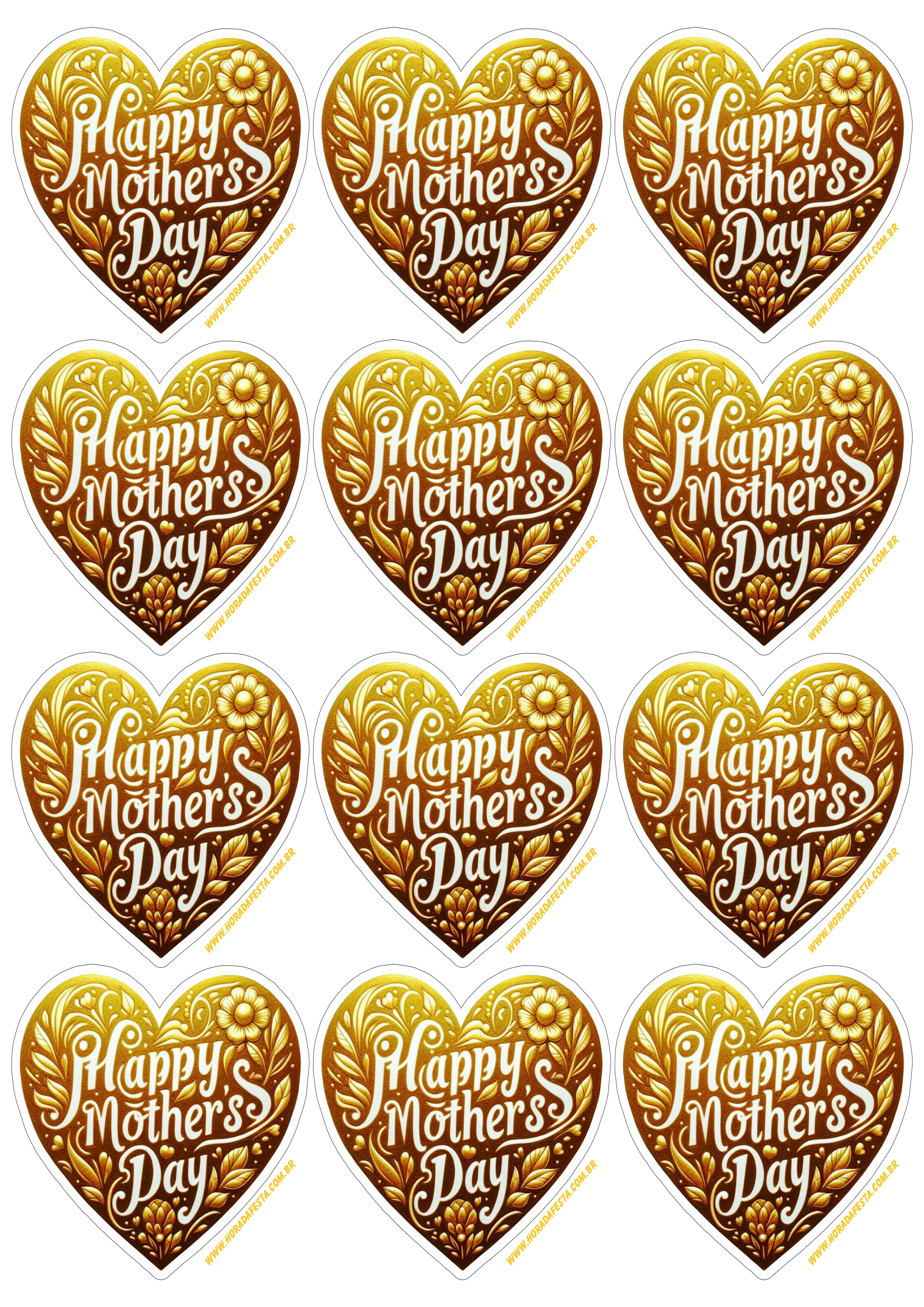 Dia das mães adesivo de coração dourado para decoração 12 imagens png