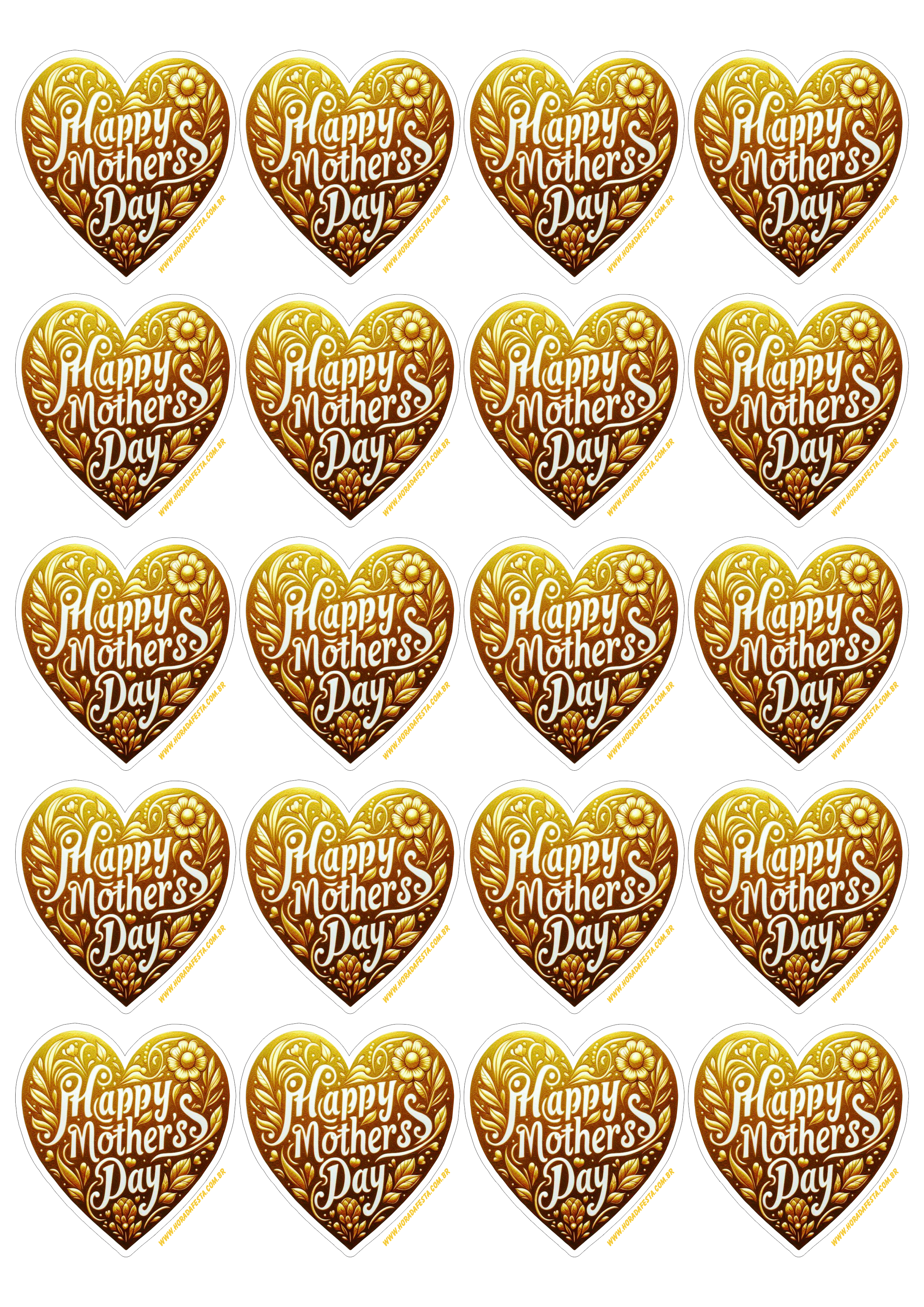 Dia das mães adesivo de coração dourado para decoração 20 imagens png