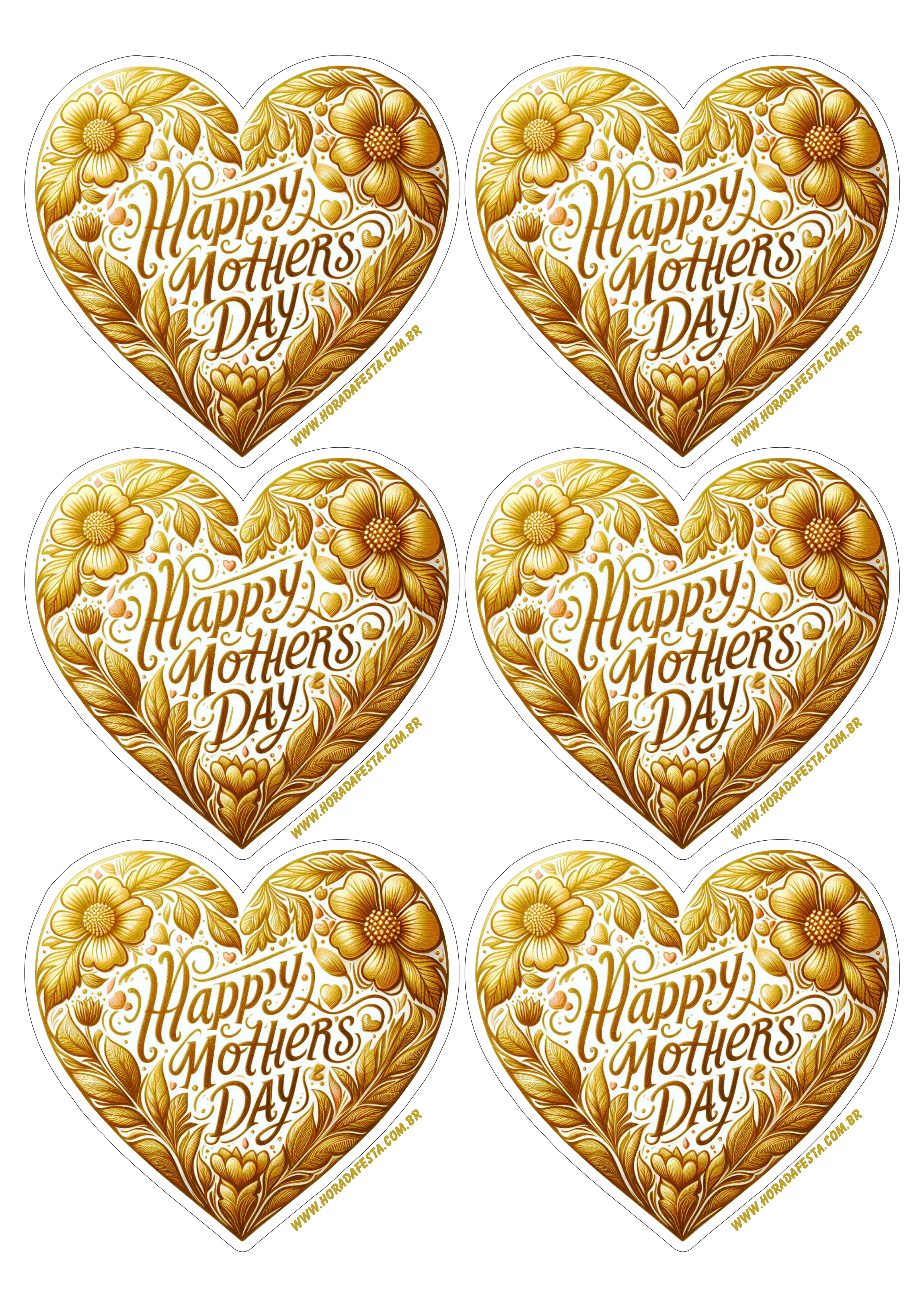 Dia das mães adesivo de coração dourado para decoração happy mother’s day 6 imagens png