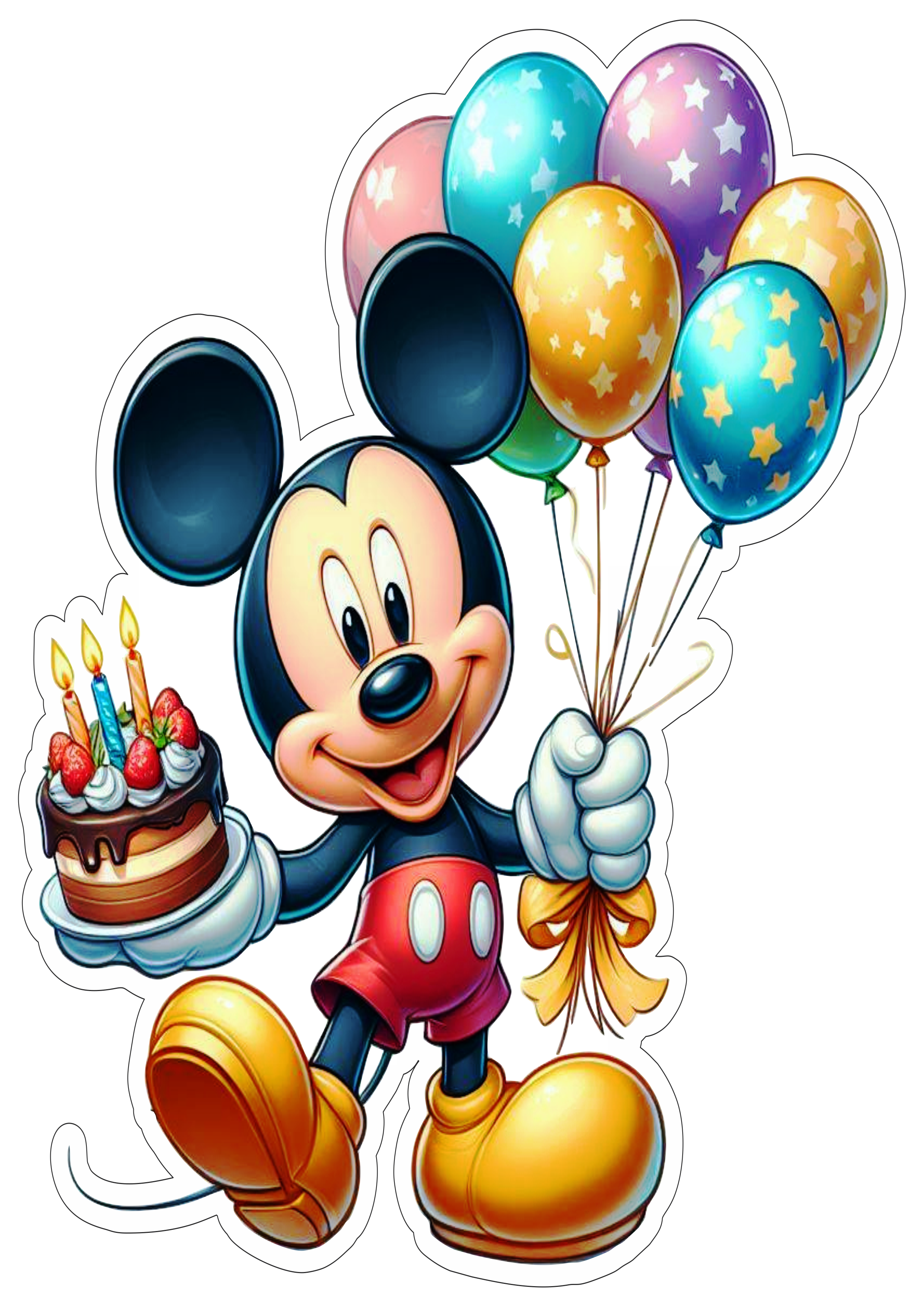 Mickey Mouse aniversário segurando balões coloridos bolo png