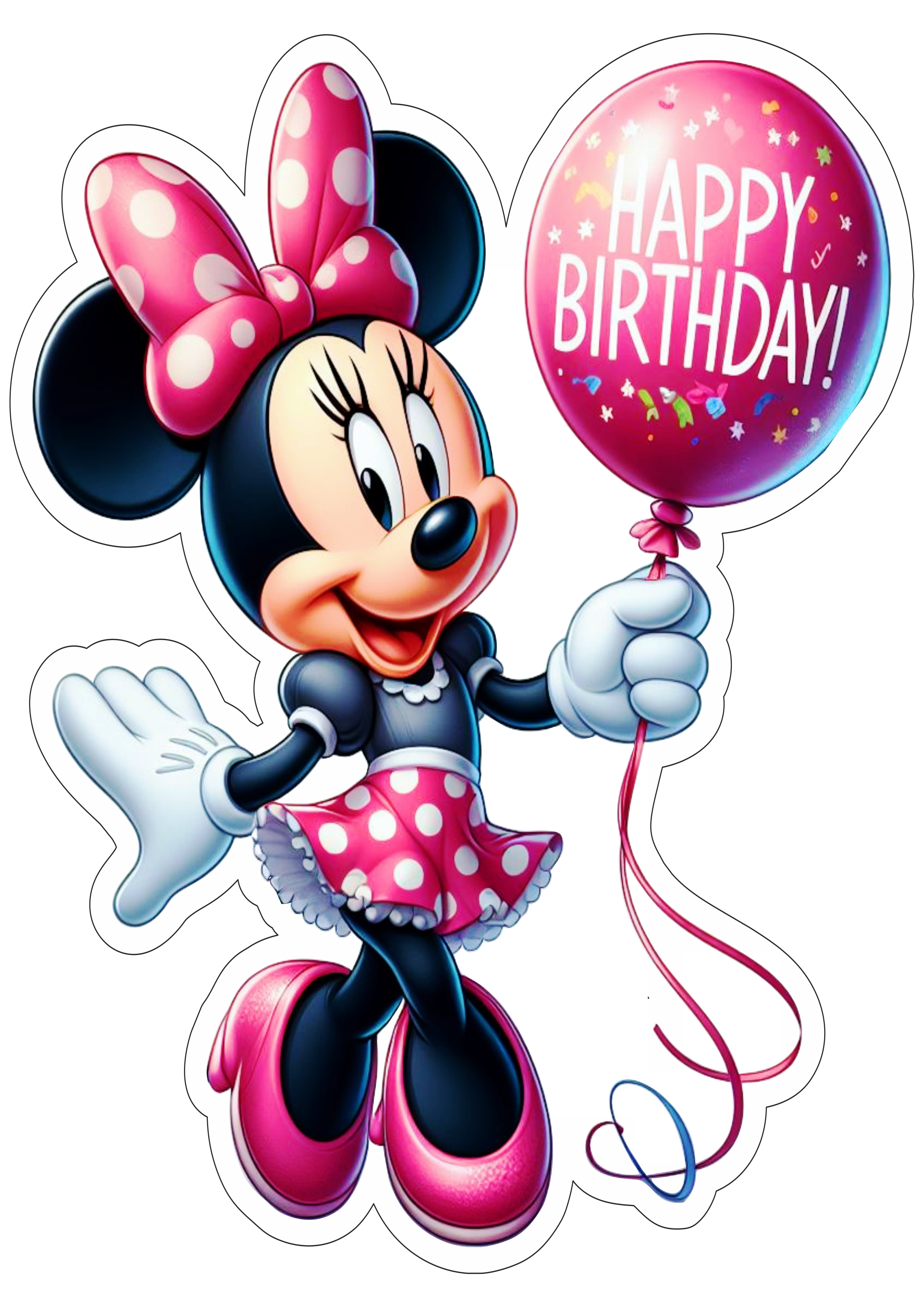 Minnie rosa com balão happy birthday personagem fictício fundo transparente com contorno png