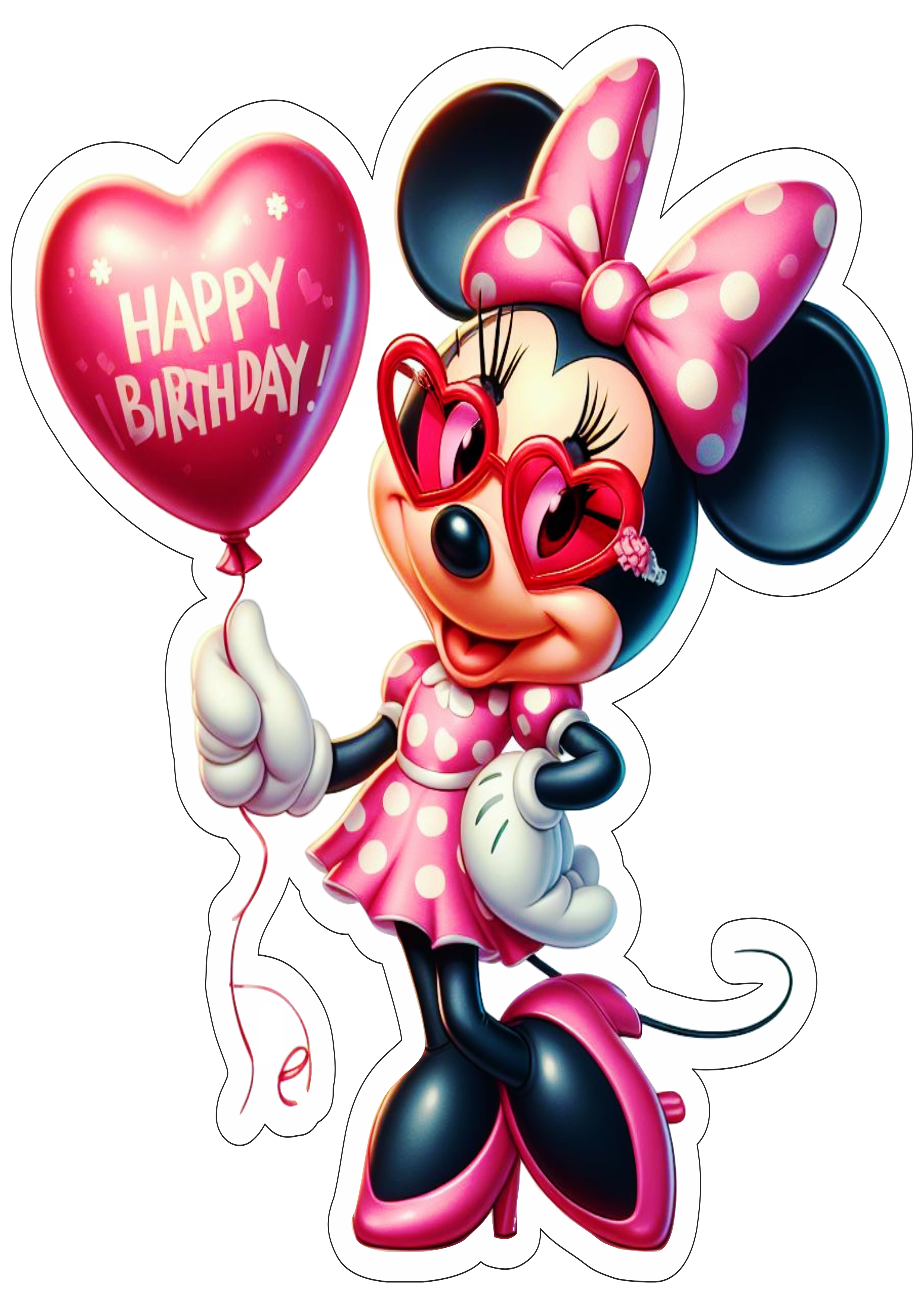 Minnie rosa com balão happy birthday personagem fictício fundo transparente com contorno decoração vetor png