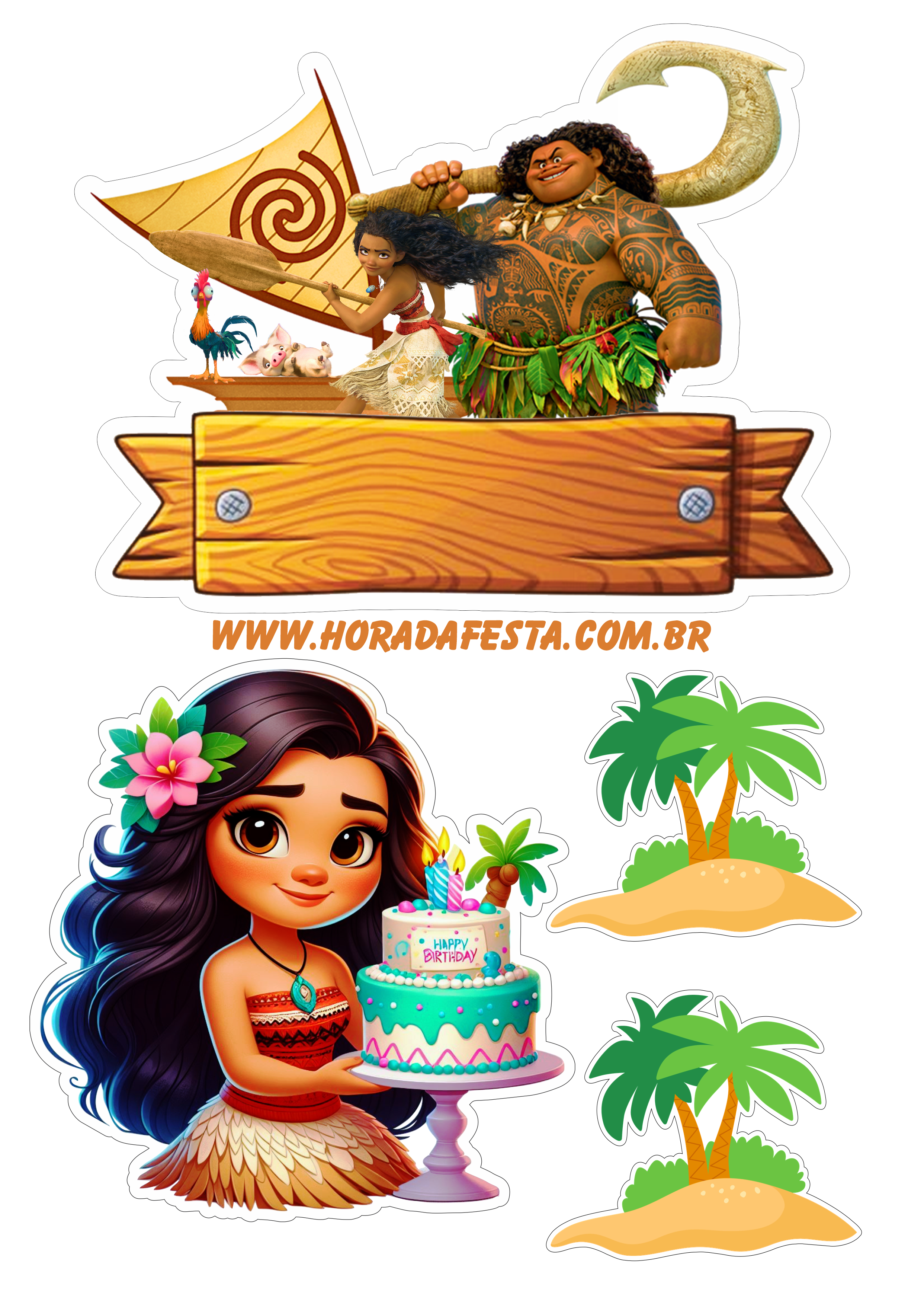 Aniversário infantil topo de bolo Moana pronto para imprimir coqueiro Maui png