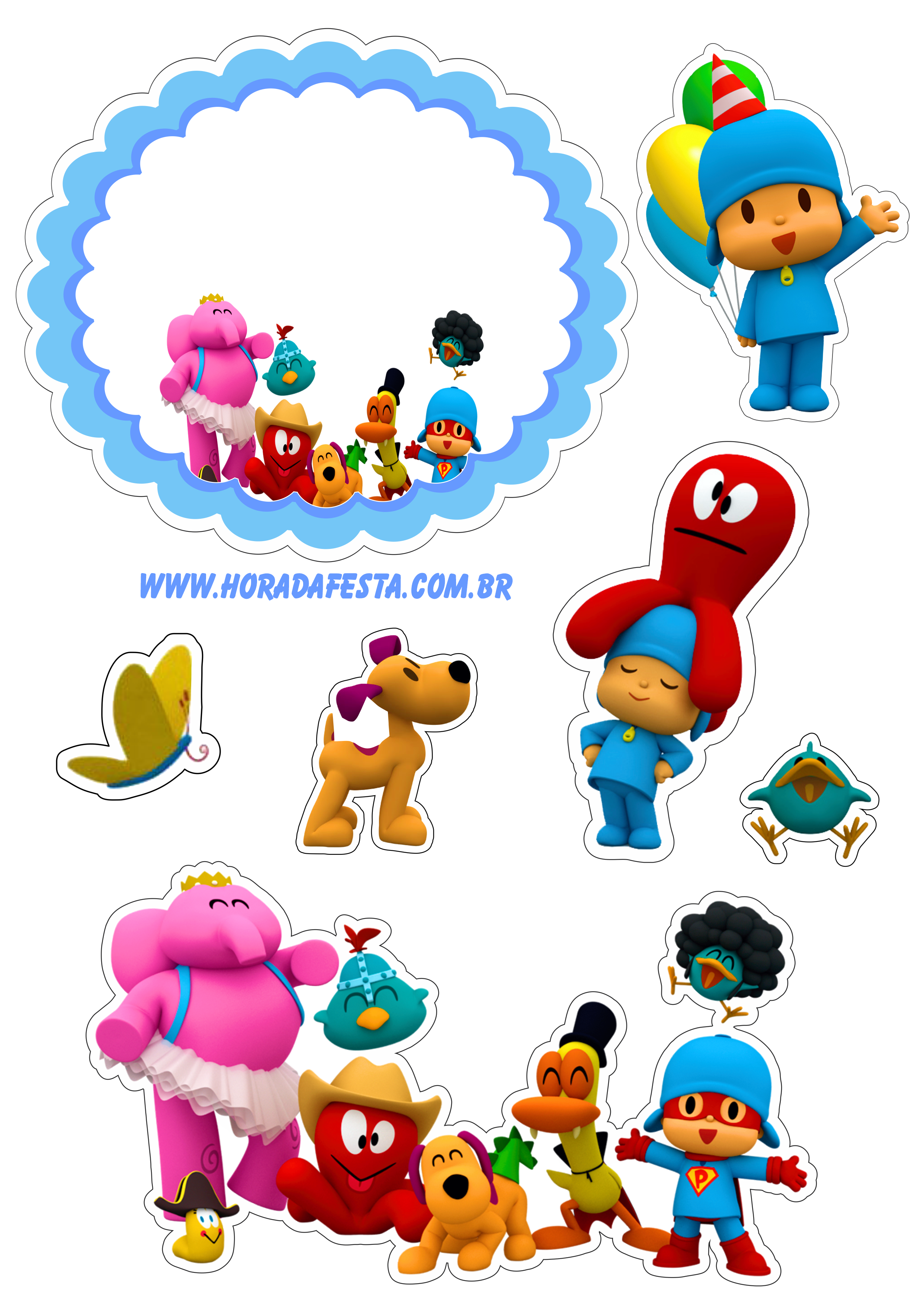 Topo de bolo Pocoyo festa infantil personalizada decoração pronto para imprimir pato Loula png