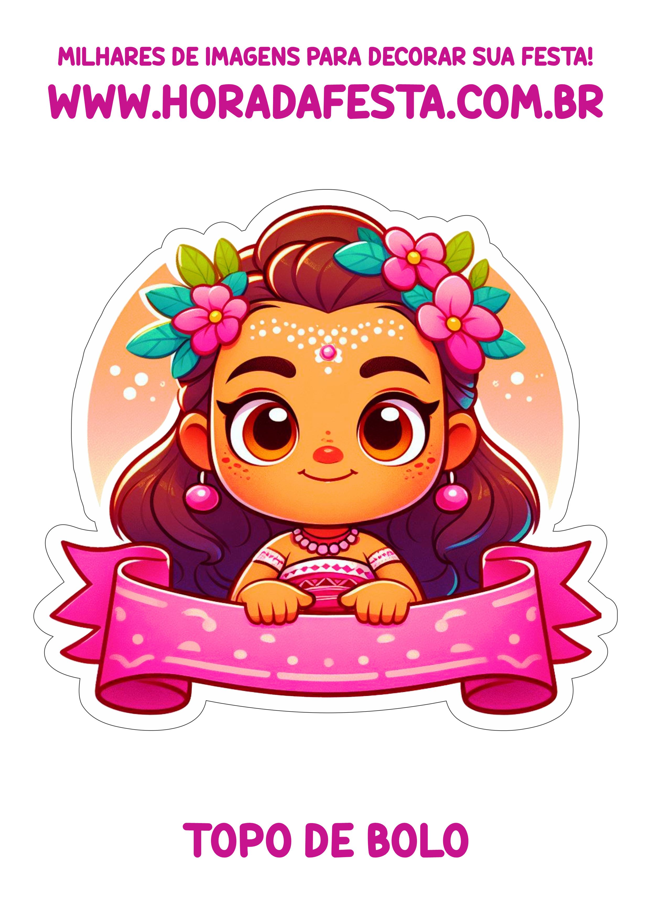 Moana desenho infantil Disney topo de bolo para imprimir decoração rosa aniversário personalizado topper cake png