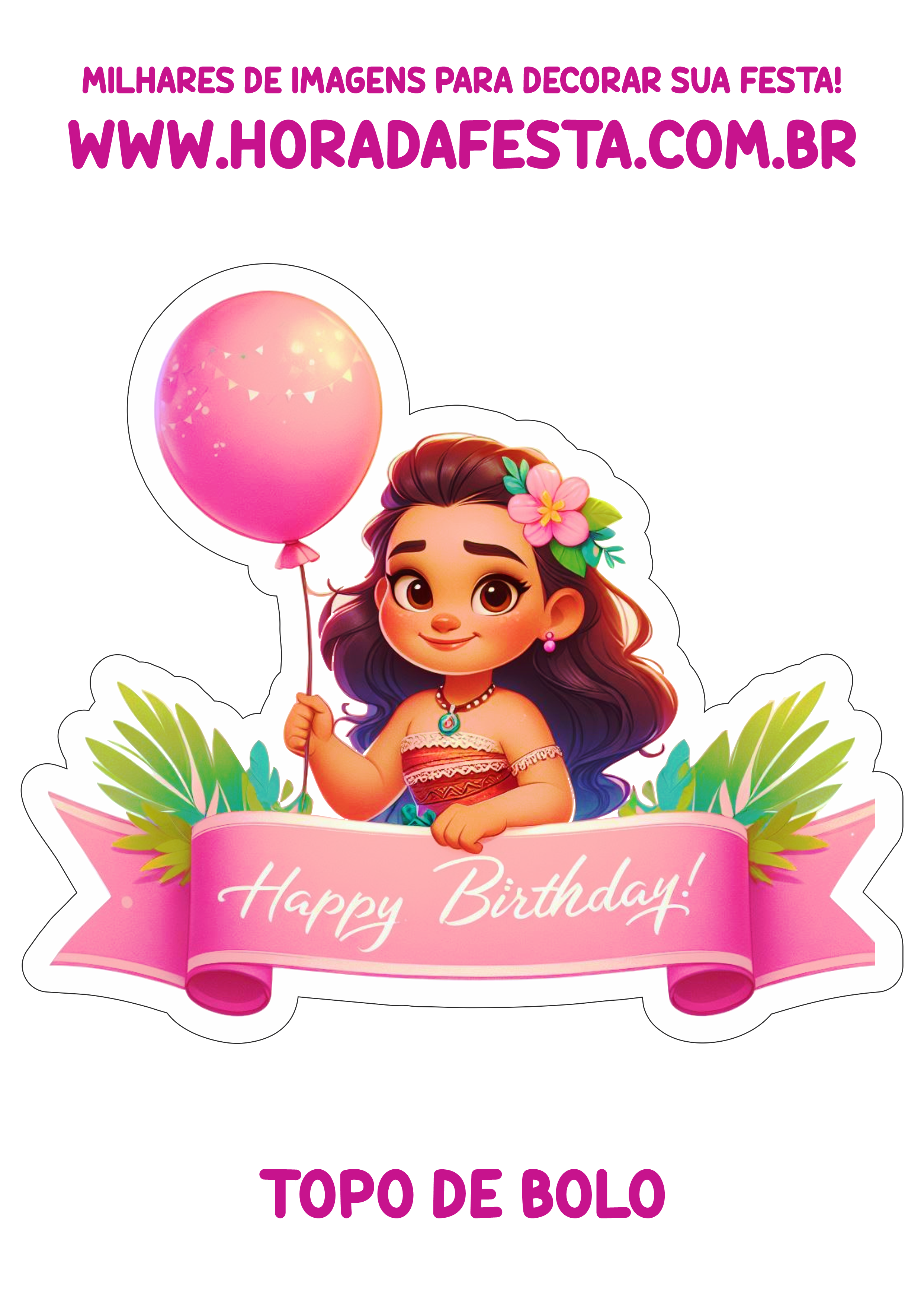 Moana desenho infantil Disney topo de bolo para imprimir decoração rosa aniversário personalizado menina png