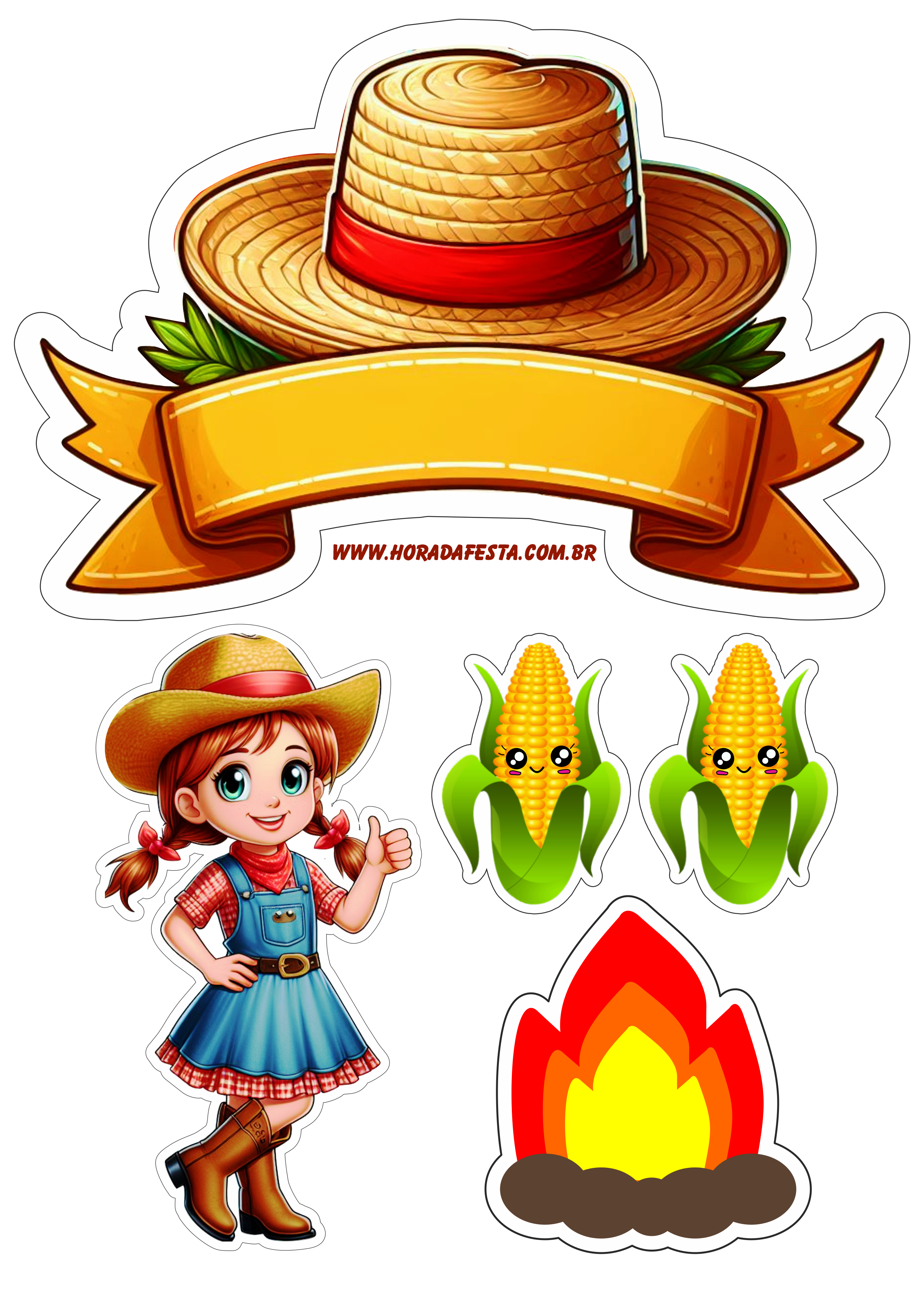 Festa junina decoração personalizada para topo de bolo espiga de milho png papelaria criativa barraca e balões