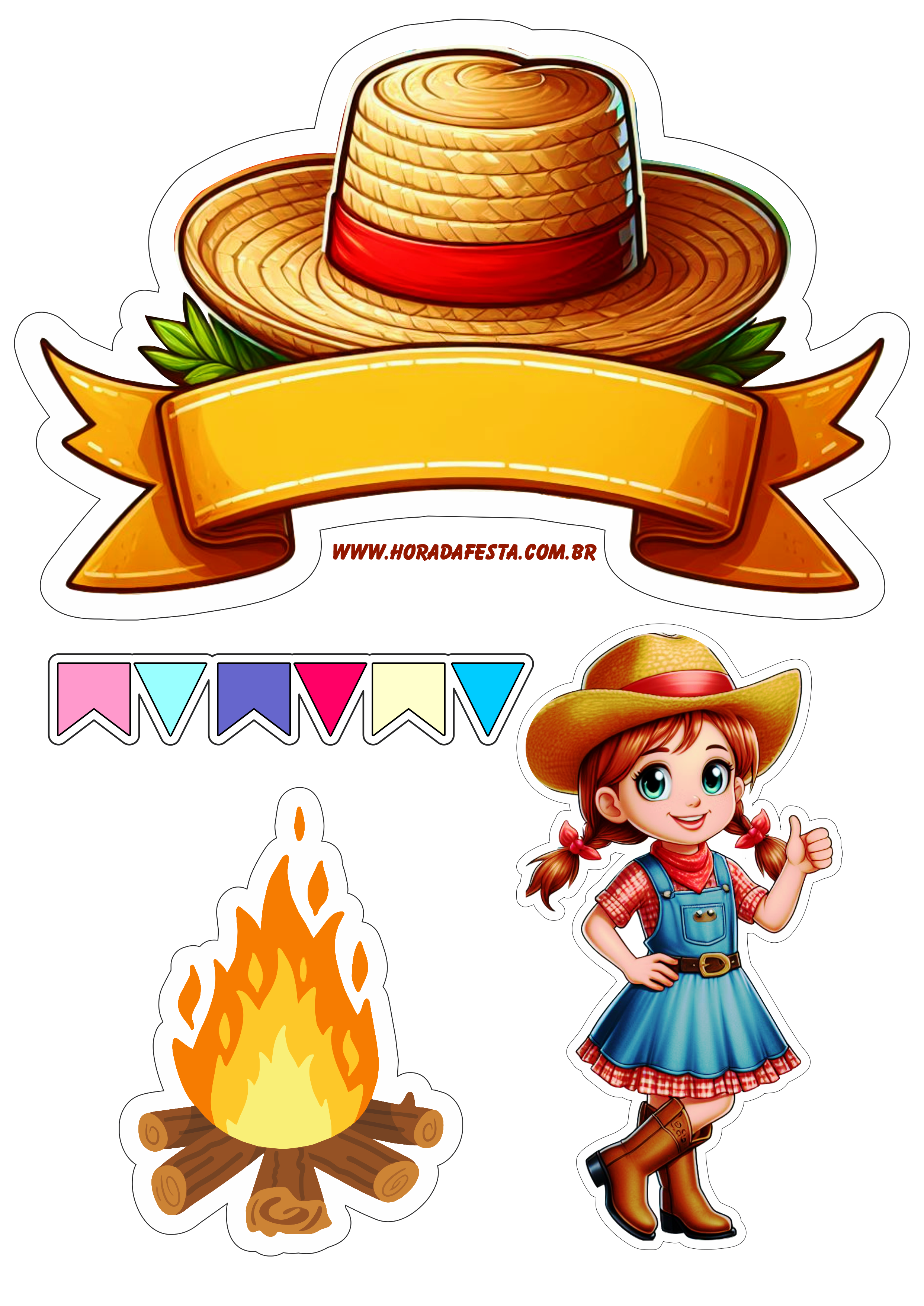 Festa junina decoração personalizada para topo de bolo espiga de milho png papelaria criativa fogueira e bandeirinhas