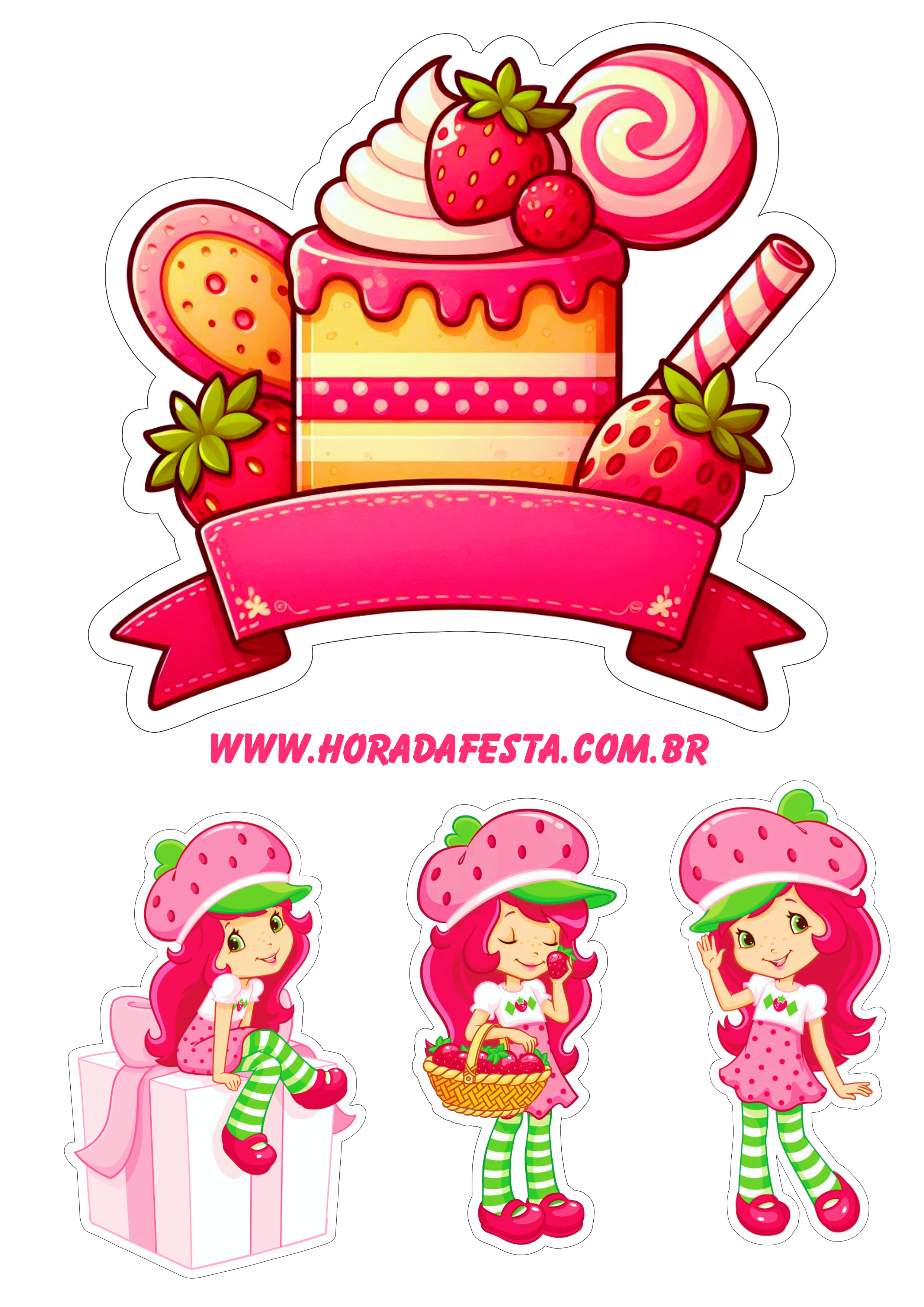 Topo de bolo para imprimir moranguinho decoração de aniversário infantil rosa menina png
