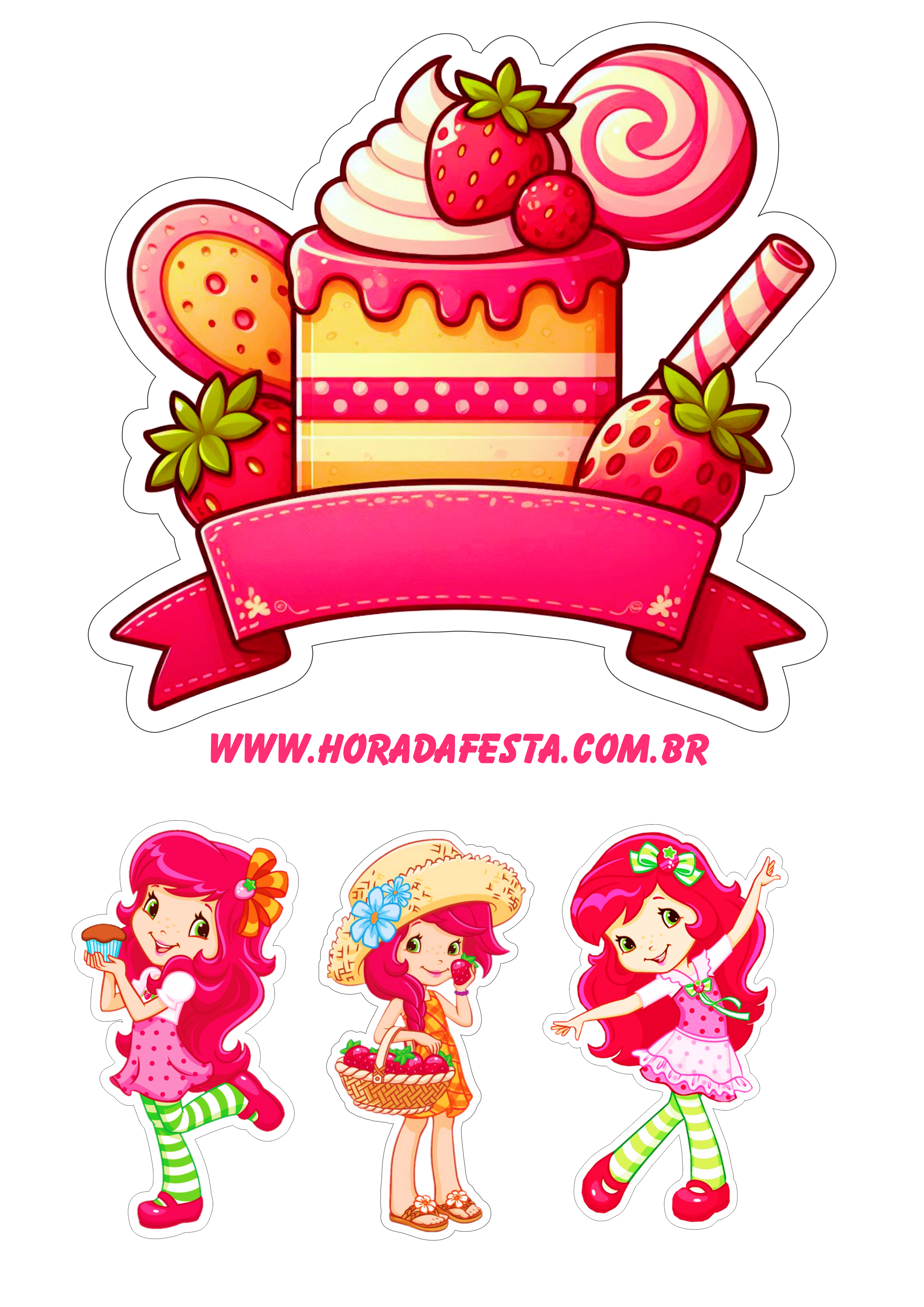 Topo de bolo para imprimir moranguinho decoração de aniversário infantil rosa png