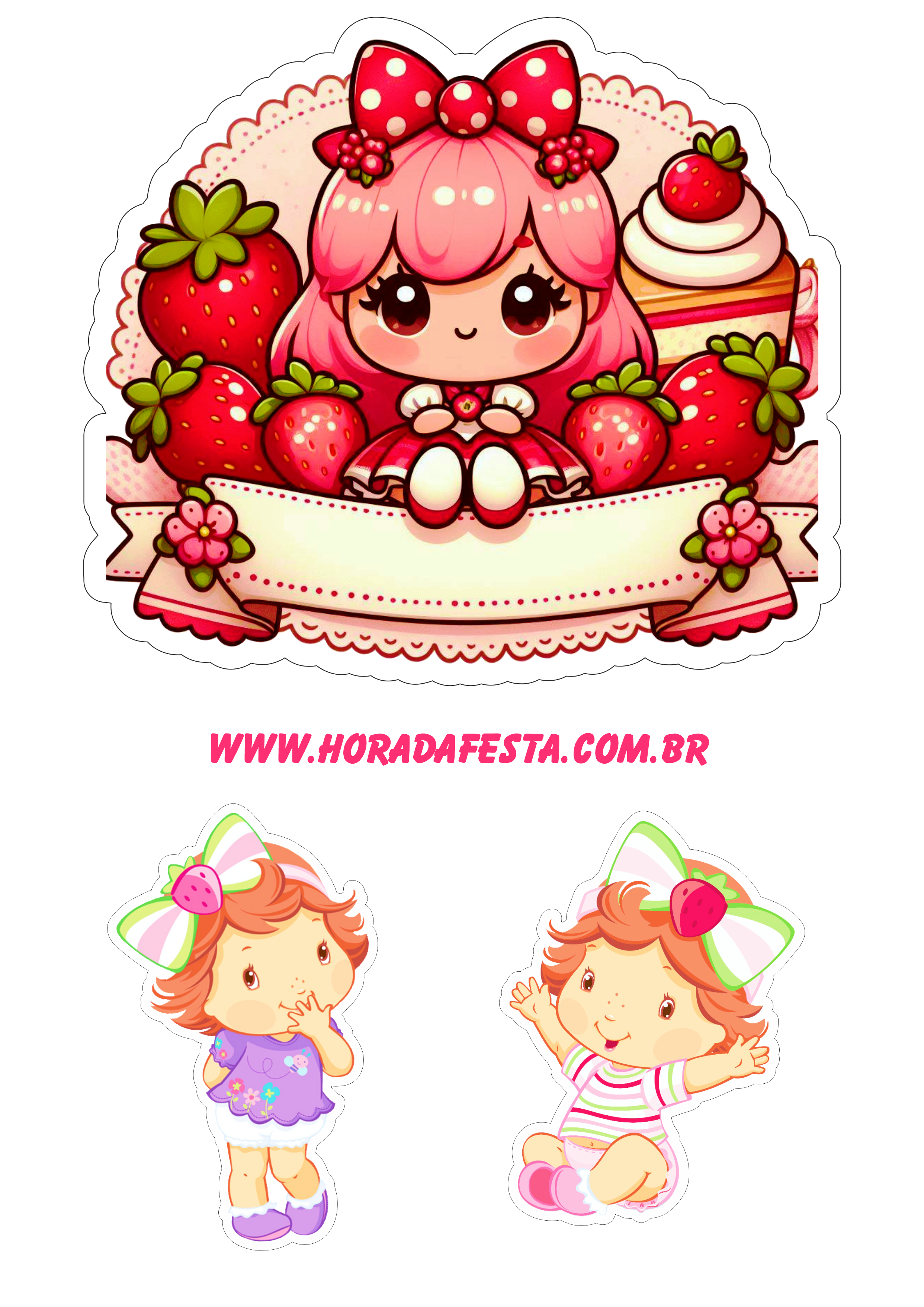 Topo de bolo para imprimir moranguinho decoração de aniversário infantil rosa menina baby cute png