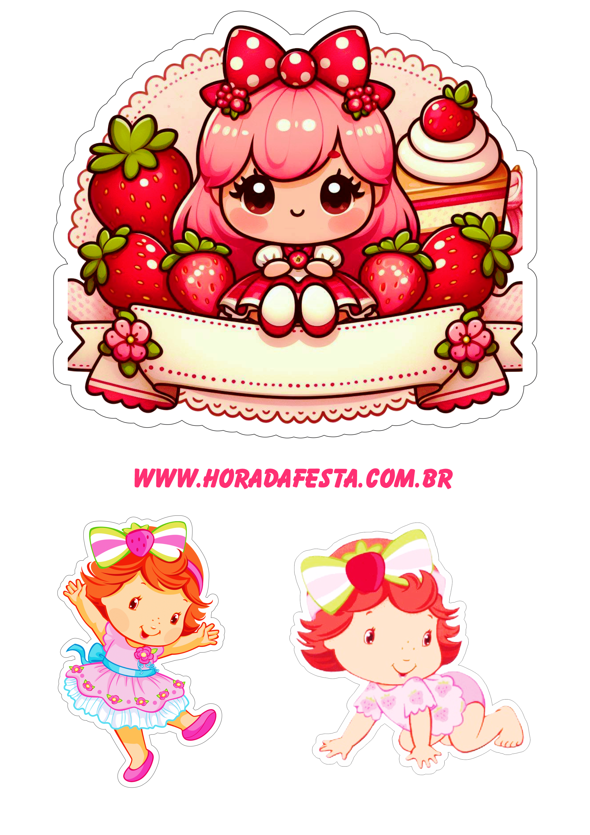 Topo de bolo para imprimir moranguinho decoração de aniversário infantil rosa menina baby cute artes gráficas png