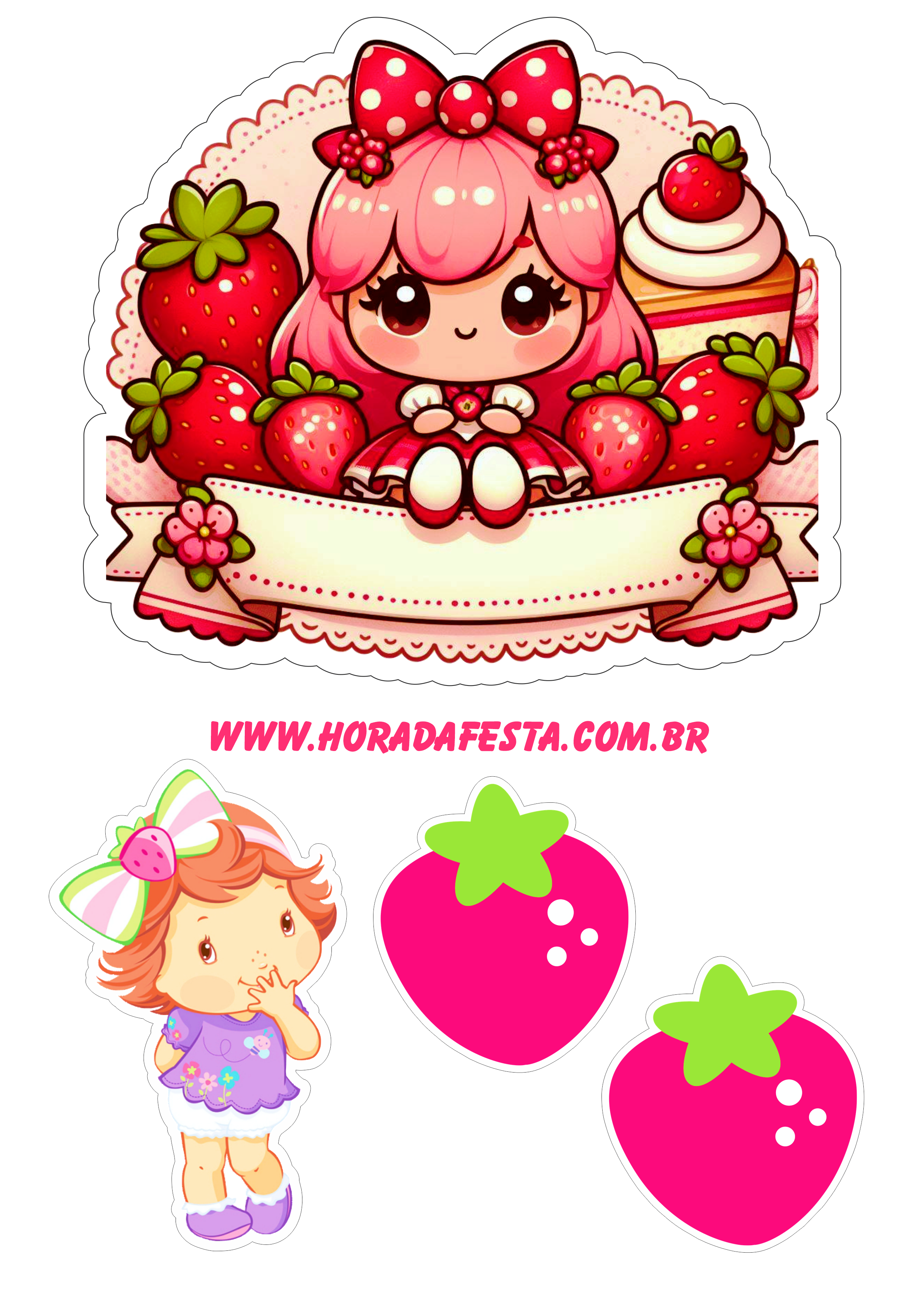 Topo de bolo para imprimir moranguinho decoração de aniversário infantil rosa menina baby cute artes gráficas design png