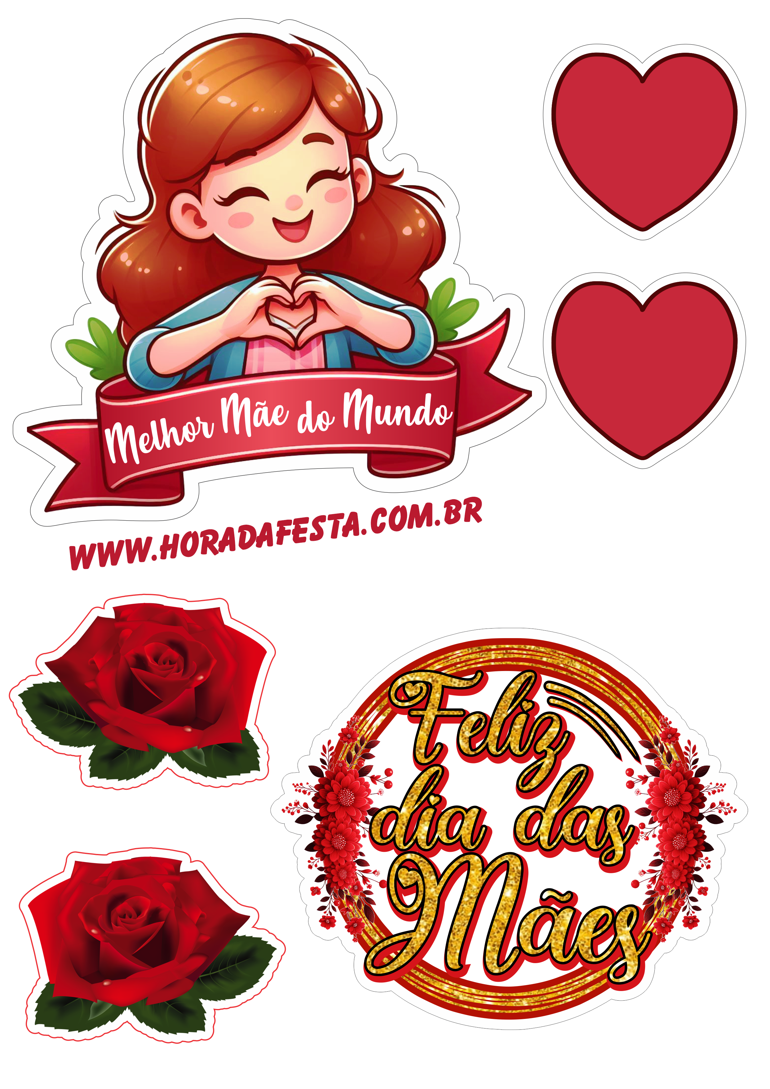 Dia das mães topo de bolo vermelho decoração com flores e corações festa personalizada png