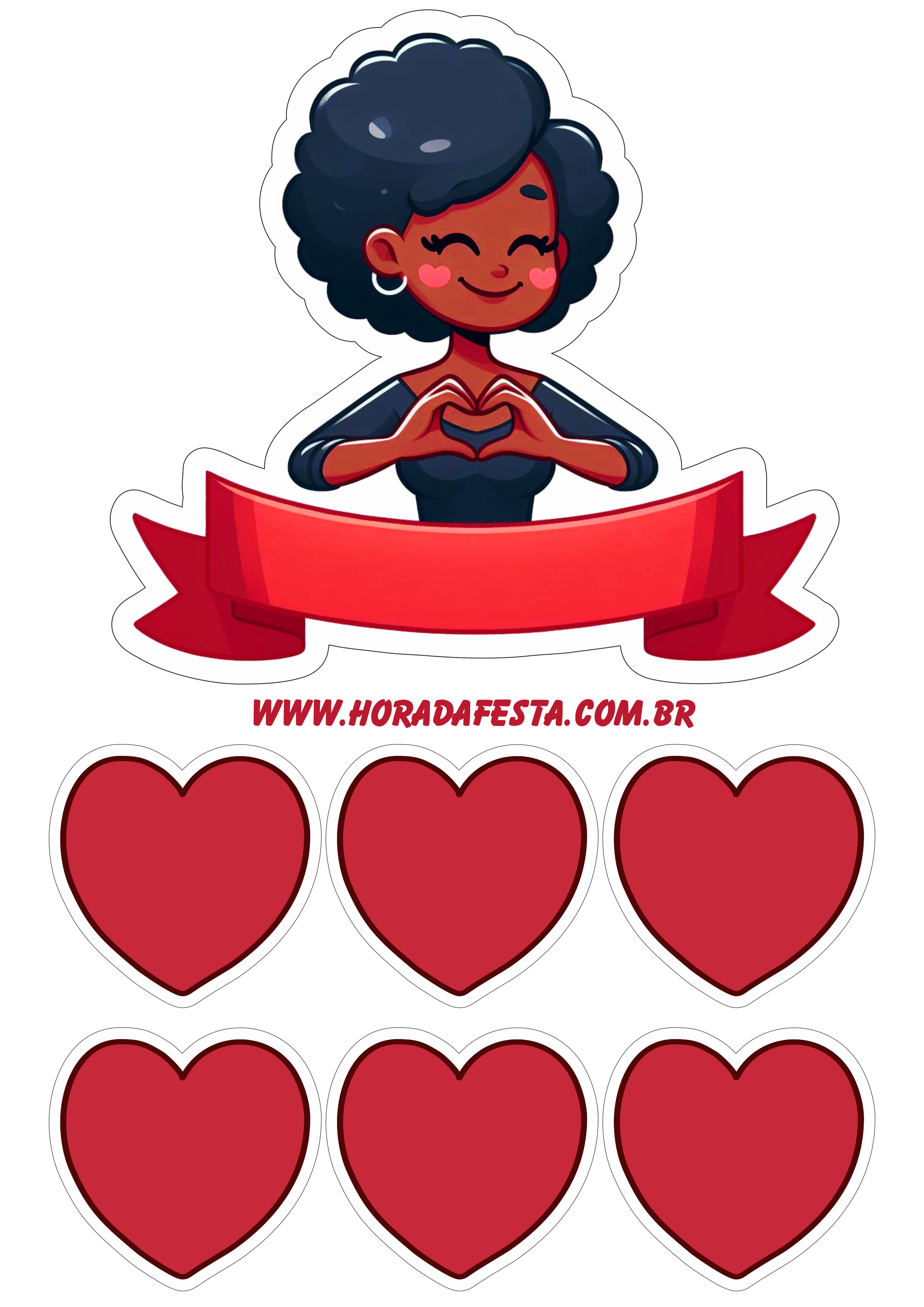 Dia das mães topo de bolo vermelho decoração com corações festa personalizada png