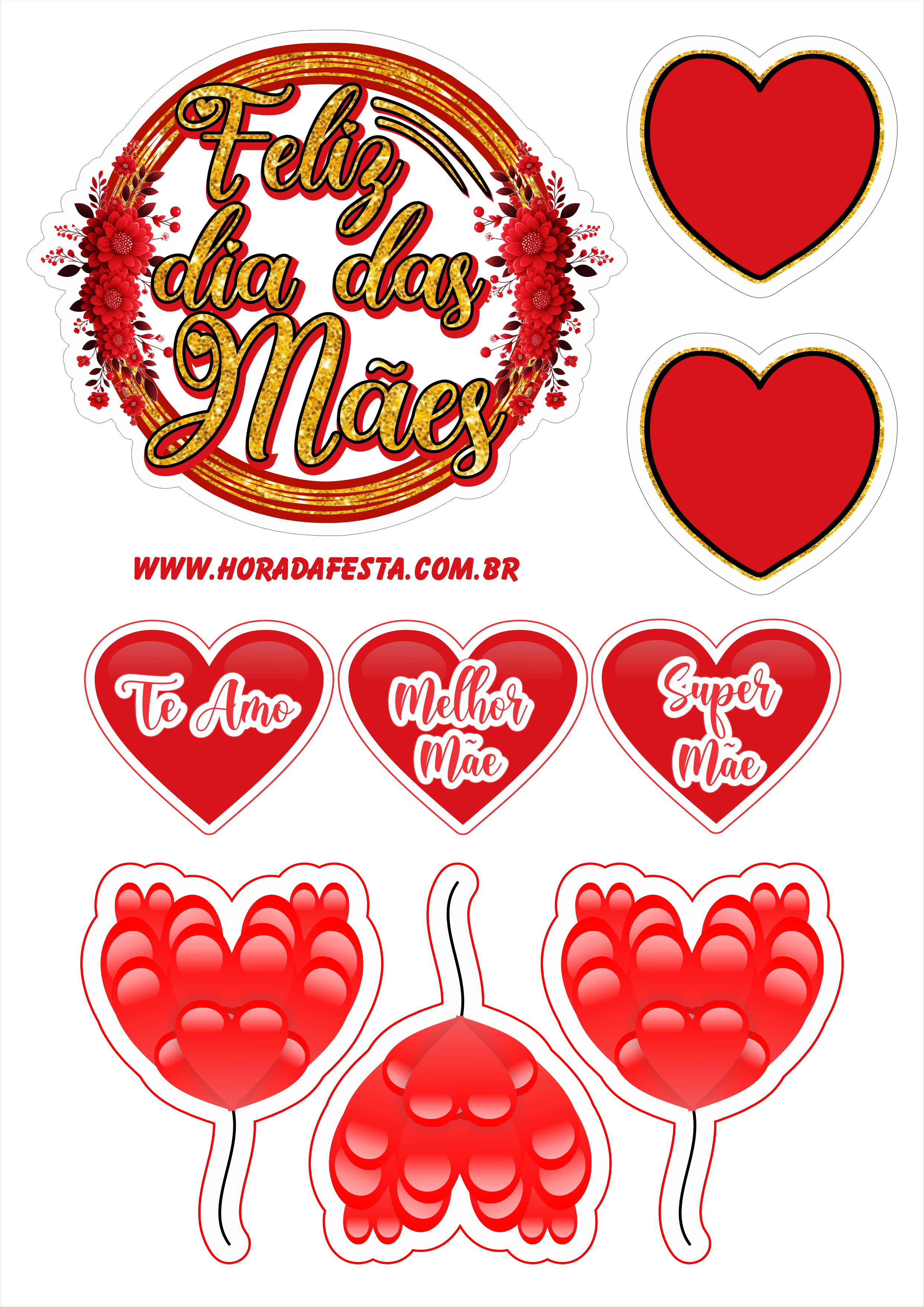 Topo de bolo feliz dia das mães com corações e balões dourado com vermelho png