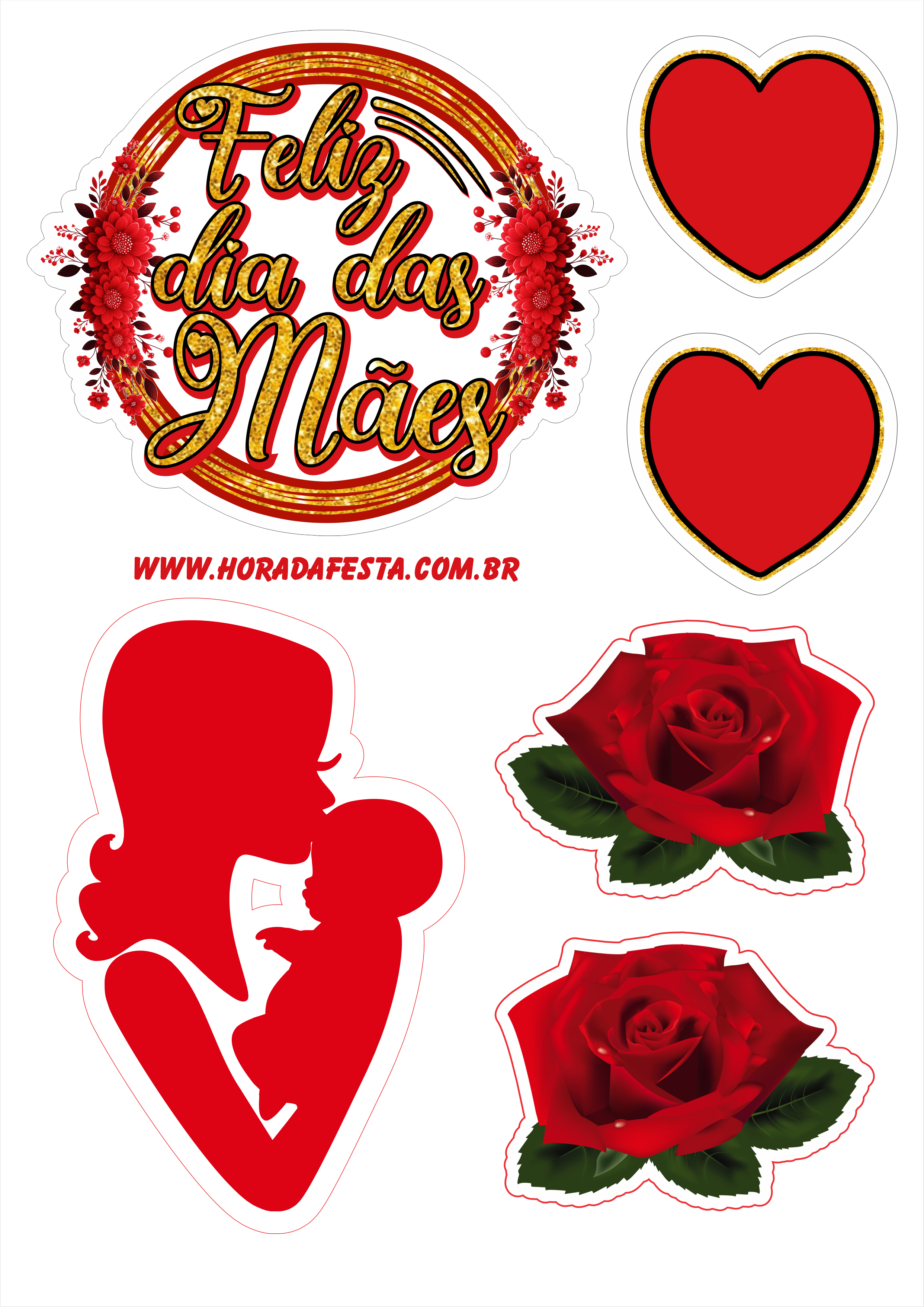 Topo de bolo feliz dia das mães com corações e flores dourado com vermelho png