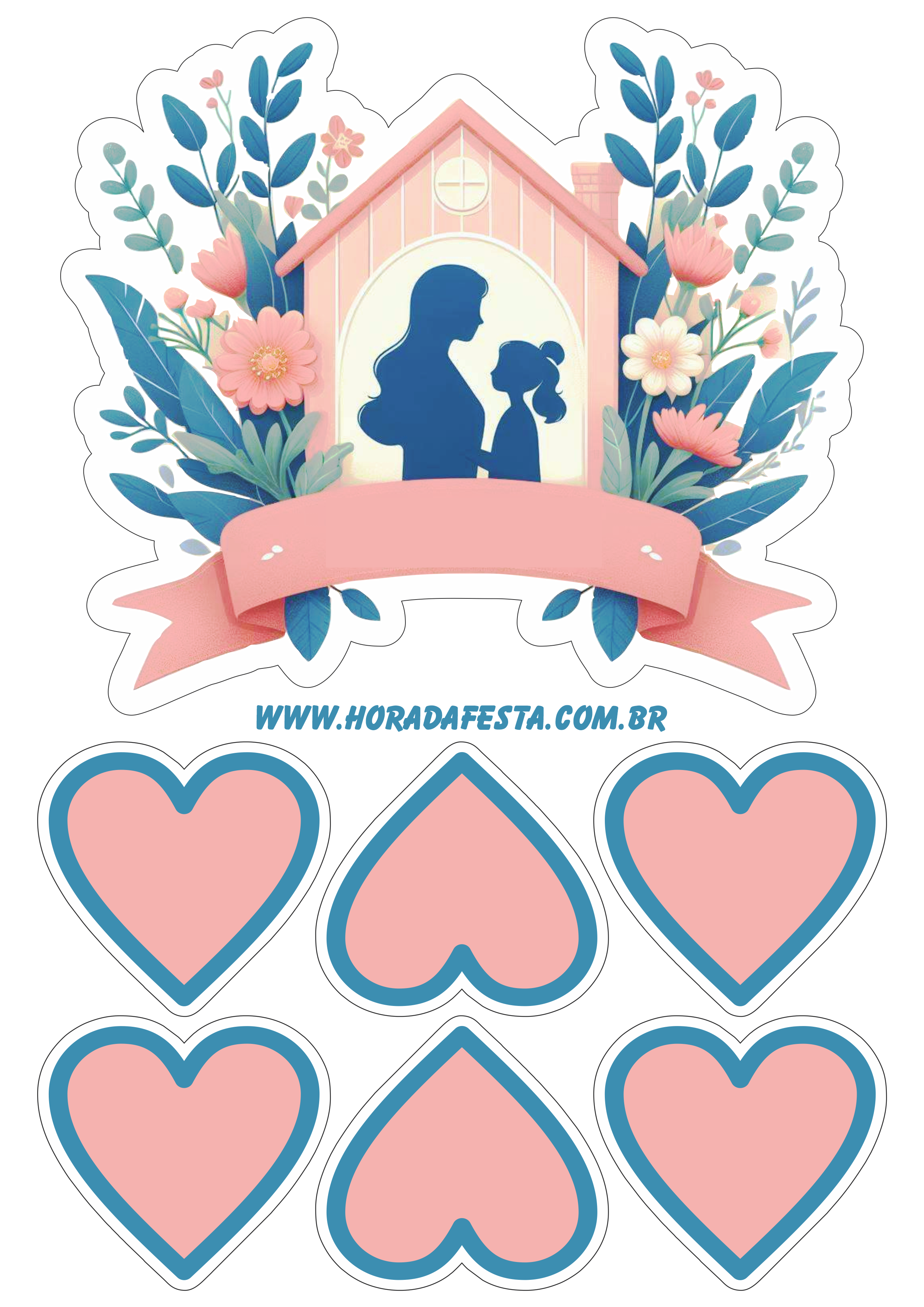 Topo de bolo para imprimir dia das mães com corações decoração artes gráficas decoração papelaria criativa free design png
