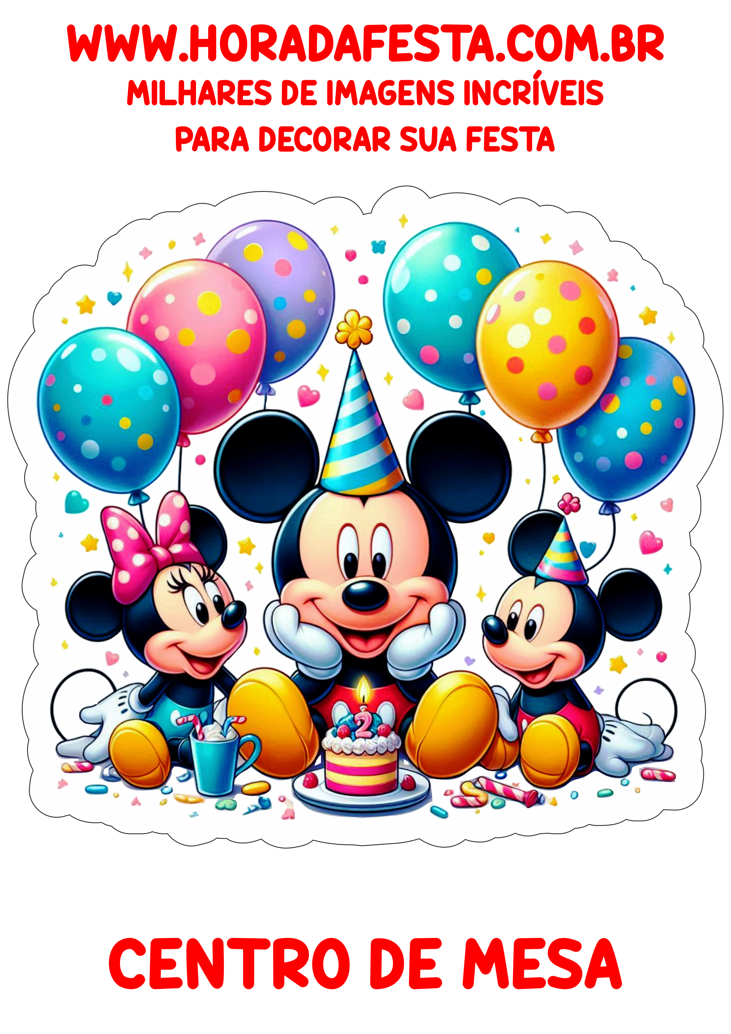 Decoração de aniversário infantil Mickey Mouse centro de mesa pronto para imprimir festa personalizada png