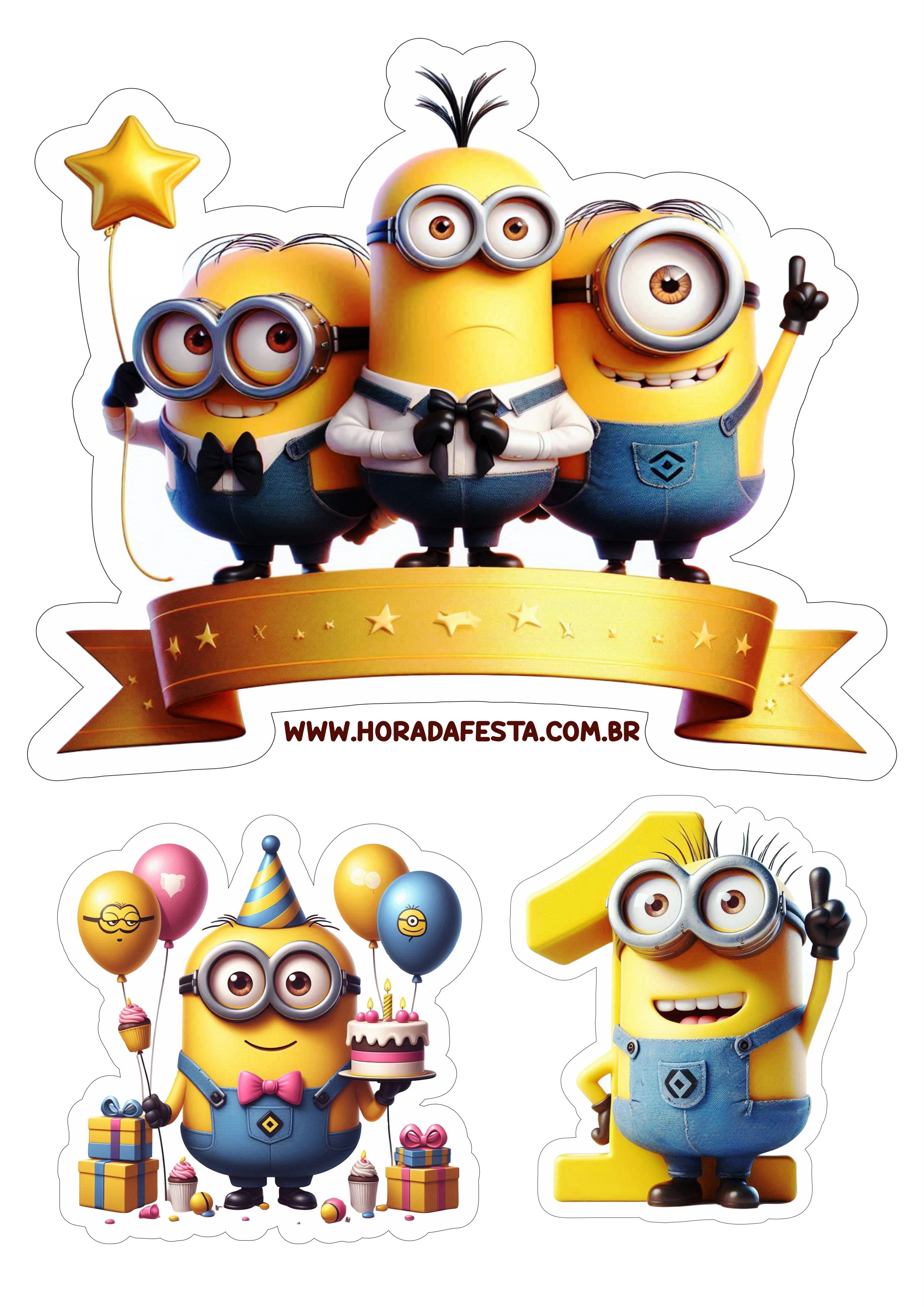 Topo de bolo Minions aniversário infantil de 1 ano png